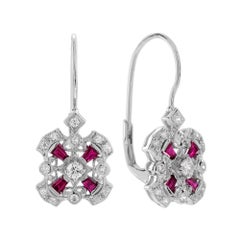 Diamond Ruby Art Deco Style Pendant and Earrings Jewelry Set in 14K White Gold