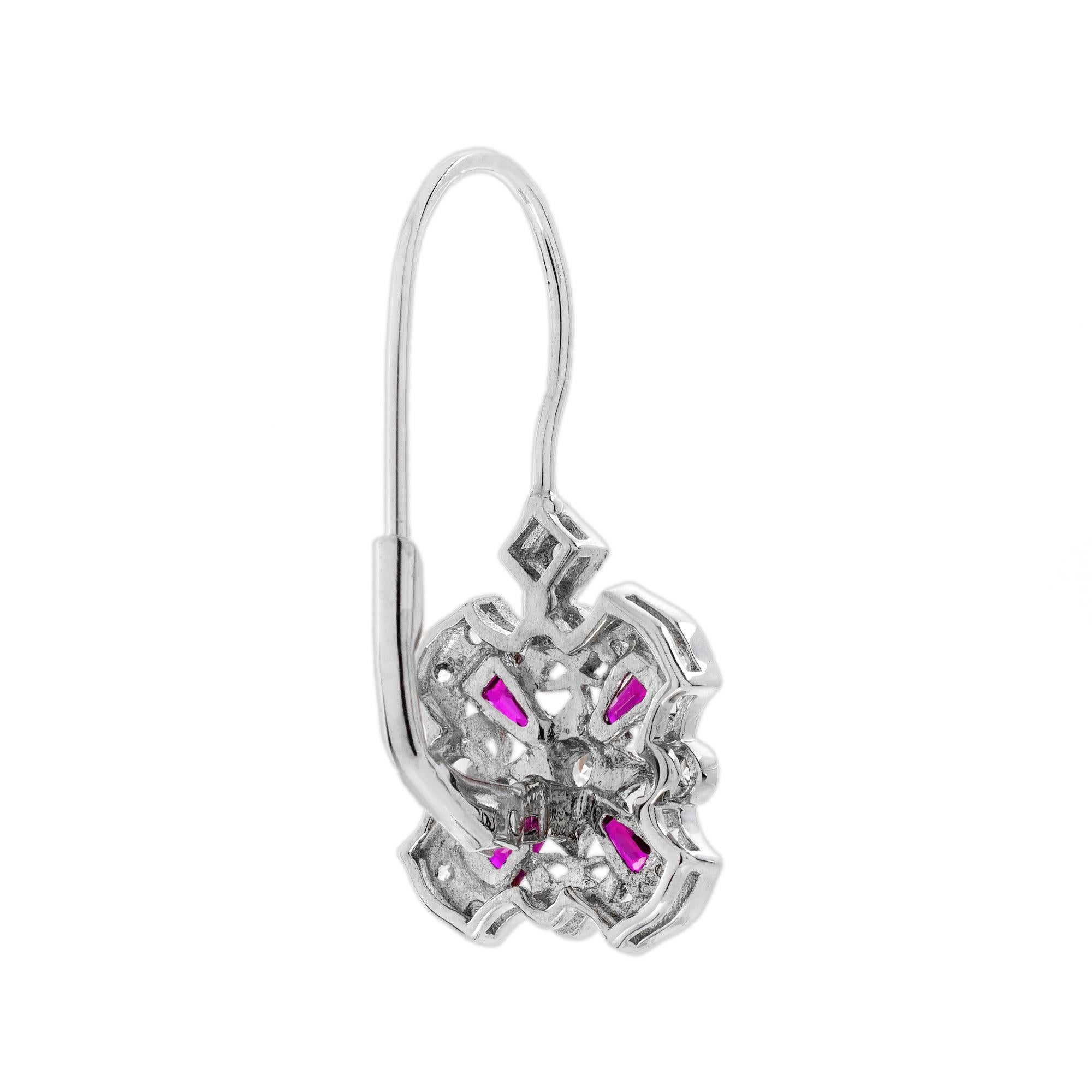 Diamant-Rubin-Anhänger und Ohrringe im Art-Deco-Stil aus 14K Weißgold (Rundschliff) im Angebot