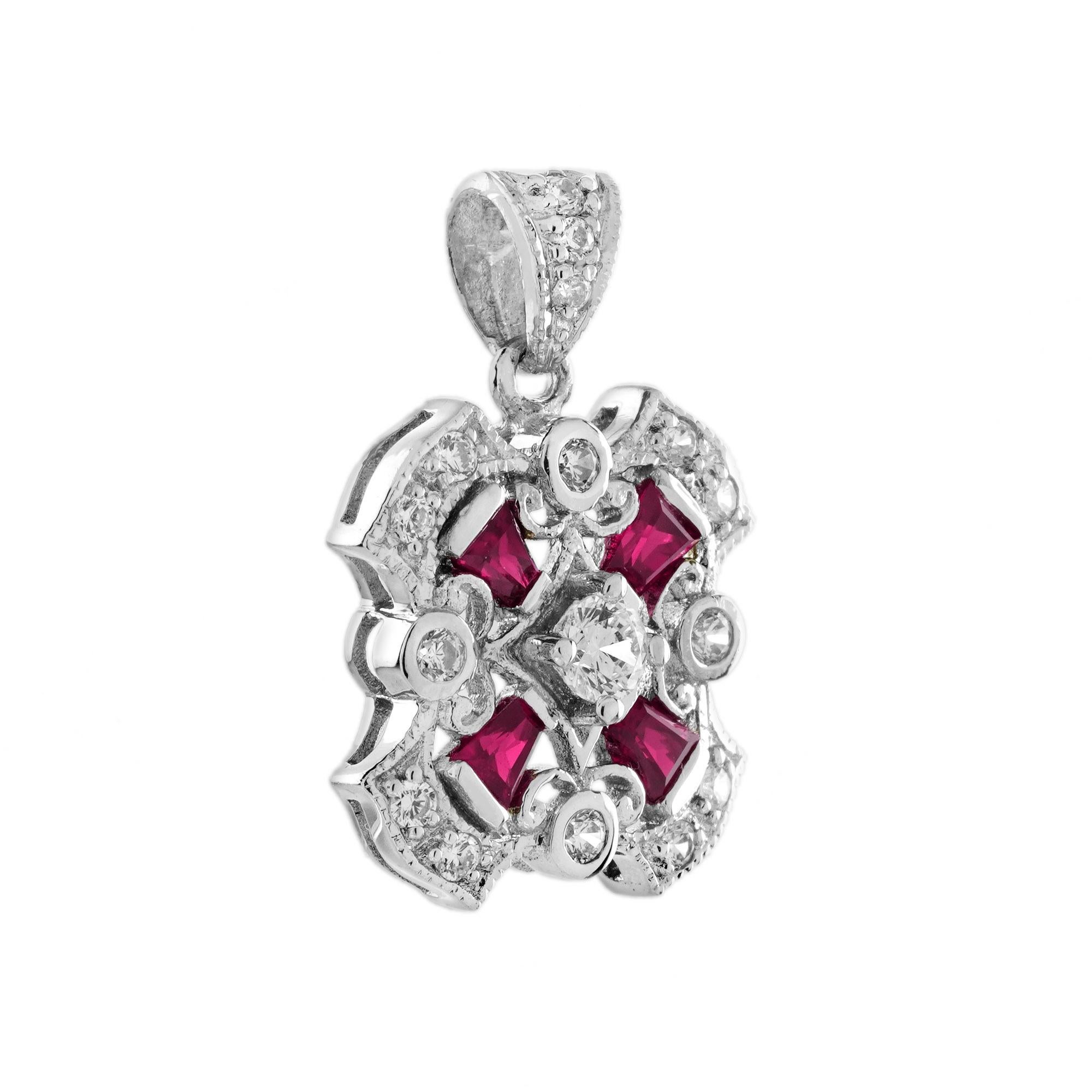 Diamant-Rubin-Anhänger und Ohrringe im Art-Deco-Stil aus 14K Weißgold im Angebot 2