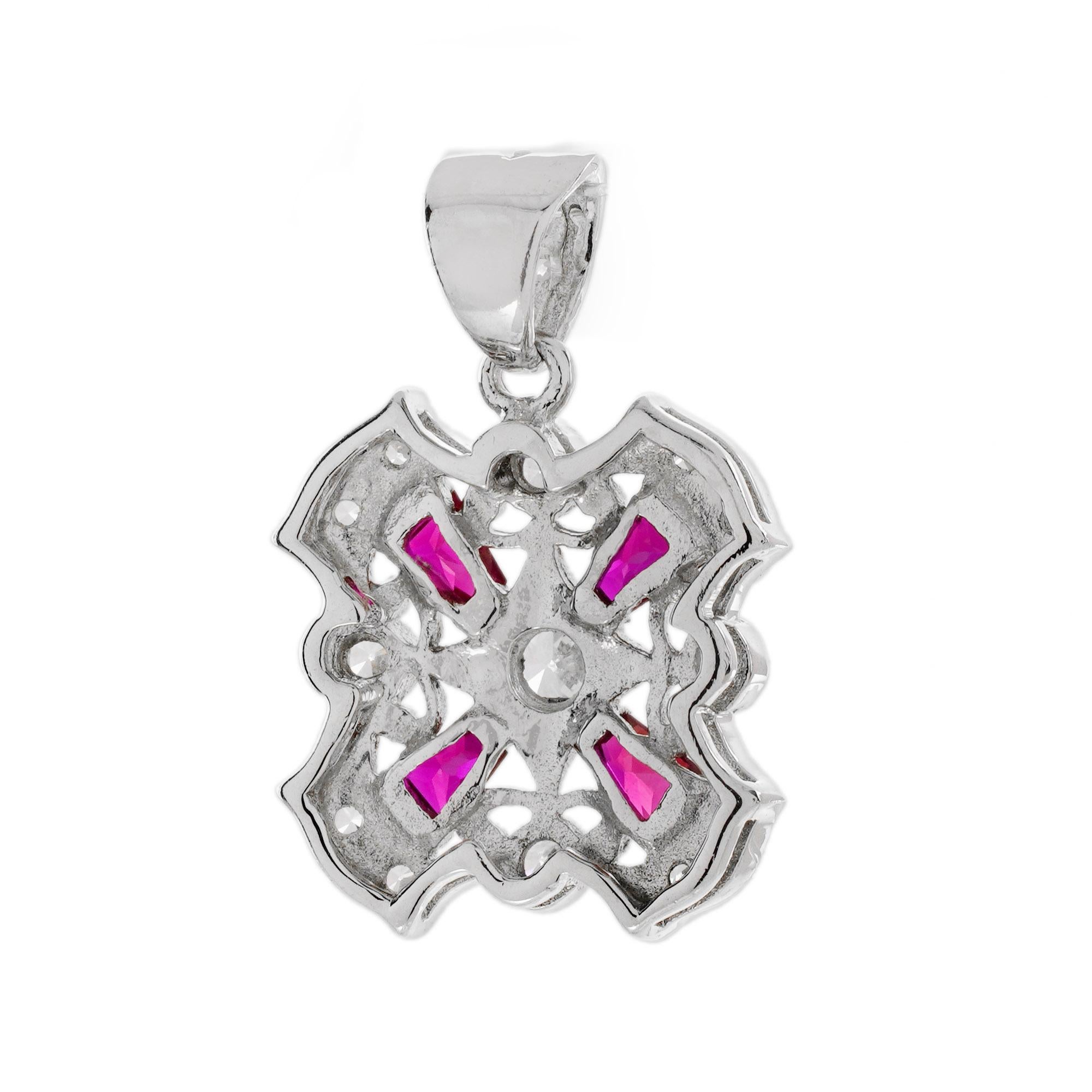 Diamant-Rubin-Anhänger und Ohrringe im Art-Deco-Stil aus 14K Weißgold im Angebot 3