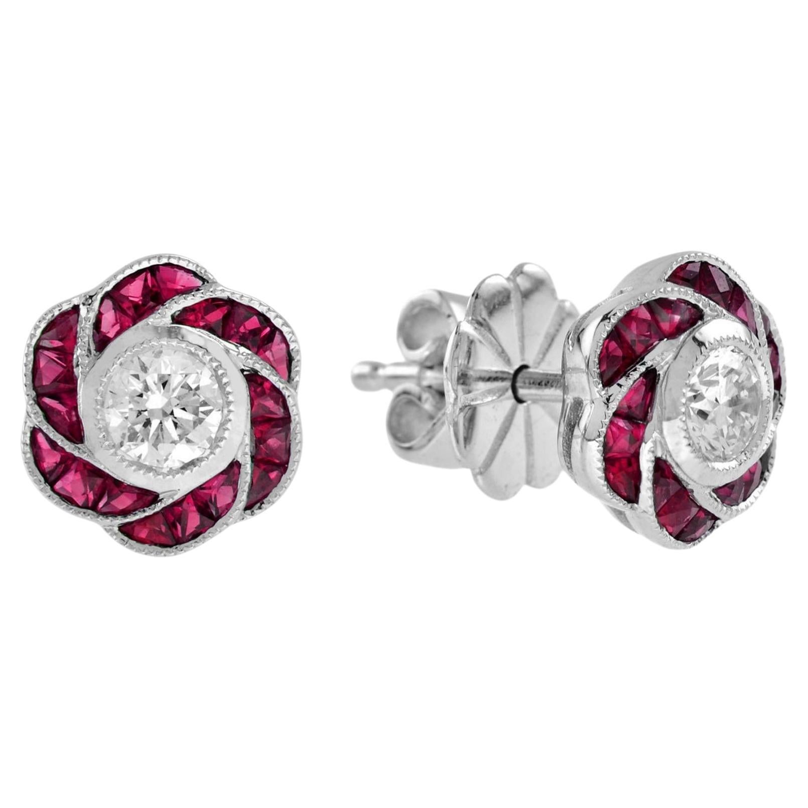 Diamond Ruby Art Deco Style Rose Floral Stud Earrings in 18K White Gold