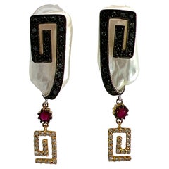 Diamond Ruby Baroque Pearl 18 Karat Gold Drop Greek Key Design Estate Earrings 