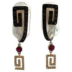 Diamond Ruby Baroque Pearl 18 Karat Gold Drop Greek Key Design Estate Earrings