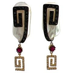 Vintage Diamond Ruby Baroque Pearl 18 Karat Gold Drop Greek Key Design Estate Earrings 