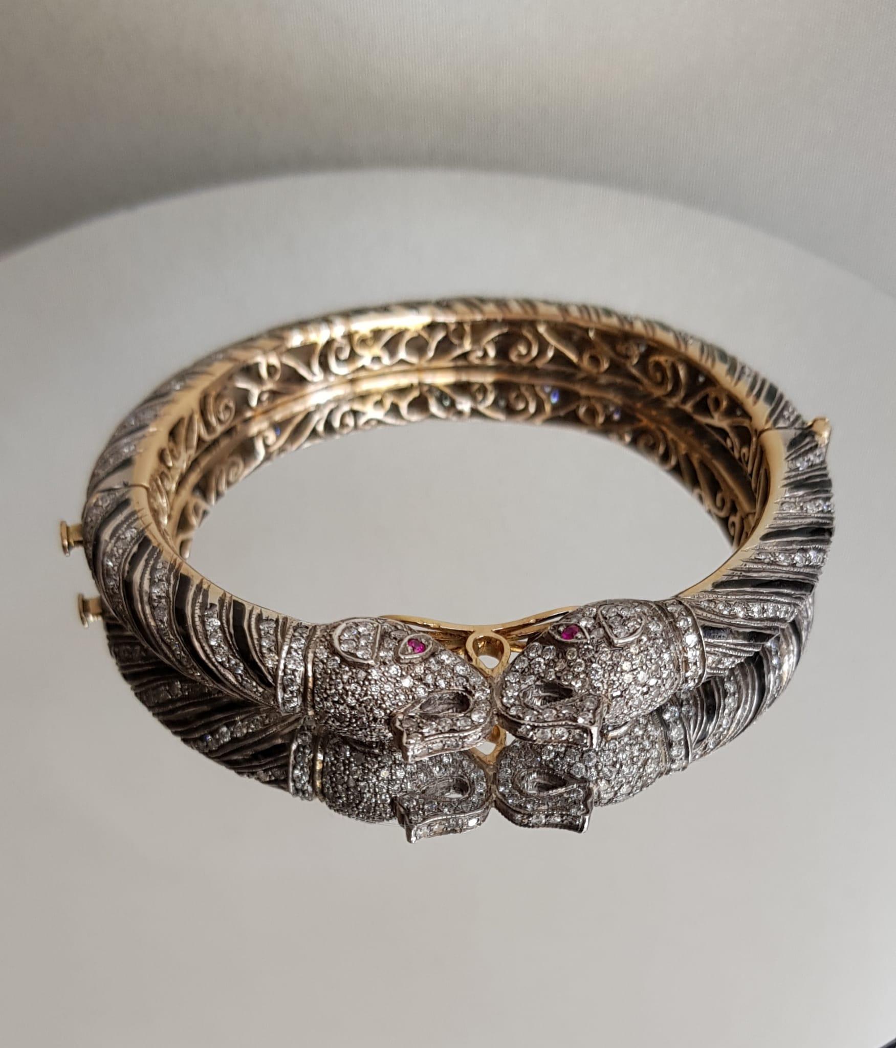 Diamond, Ruby, Black Enamel Elephant Heads Bangle Bracelet (First quarter 20thC) For Sale 5