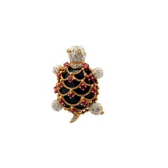 Diamond Ruby Black Onyx 18K Gold Turtle Brooch-Pendant