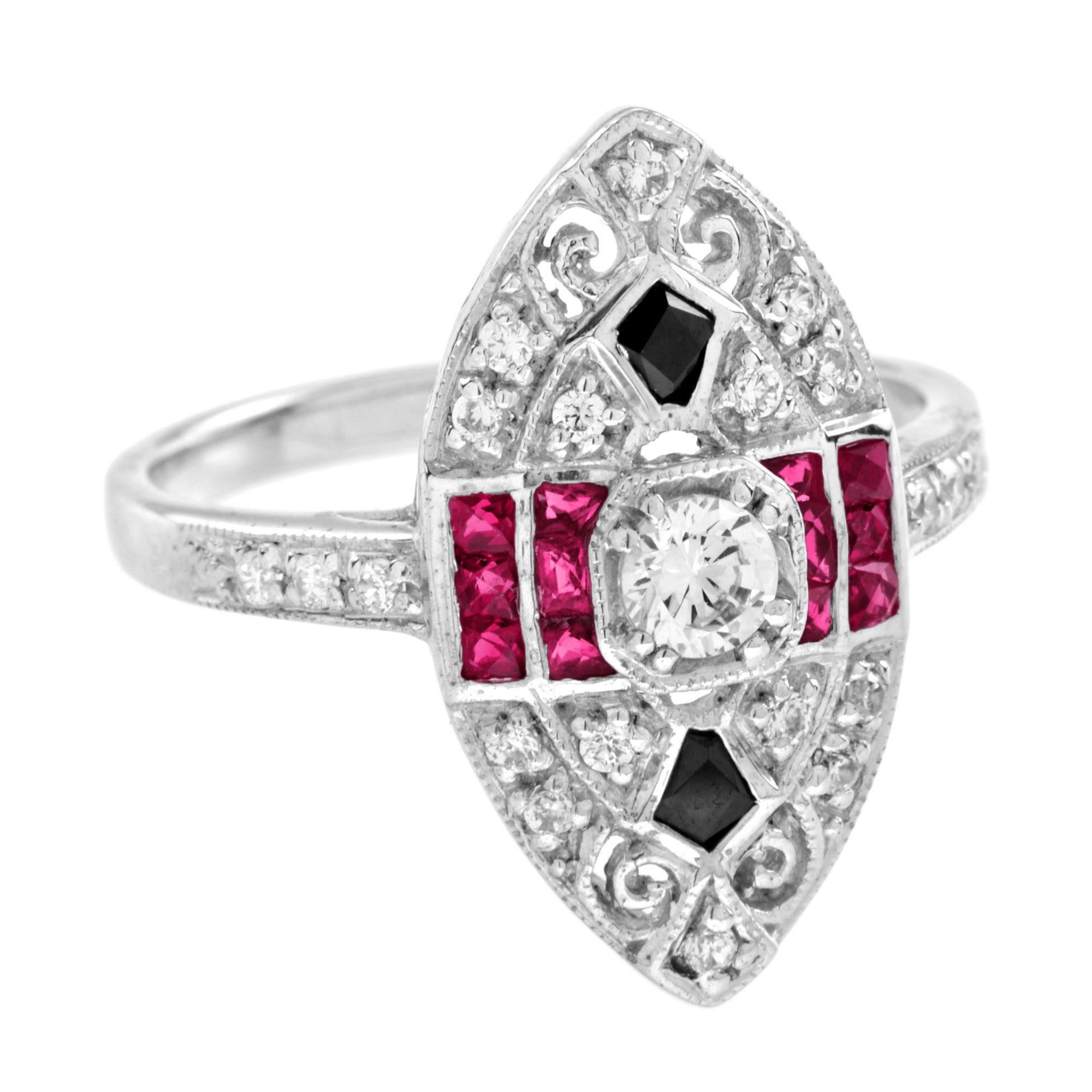 Eleg fait preuve d'une élégance audacieuse avec cette exquise bague de forme marquise inspirée de l'Art déco. Une combinaison frappante de diamants rayonnants, de rubis vifs et d'onyx noir élégant crée un contraste envoûtant qui respire le luxe et
