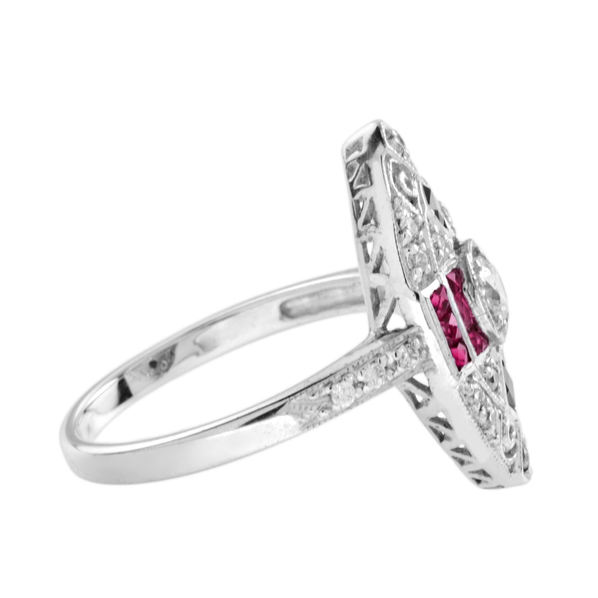 Taille brillant Bague en or blanc avec diamant, rubis et onyx noir de style Art déco et de forme marquise en vente