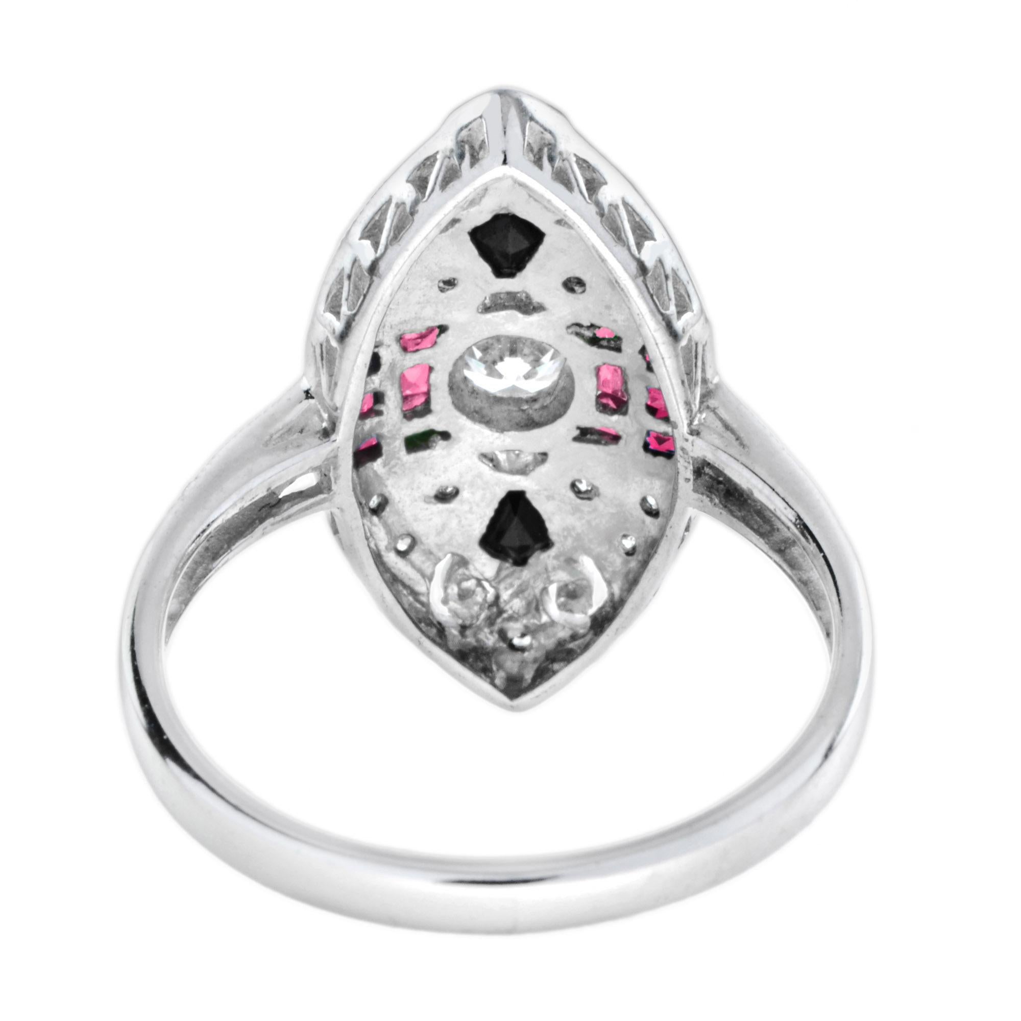 Bague en or blanc avec diamant, rubis et onyx noir de style Art déco et de forme marquise Neuf - En vente à Oakton, VA