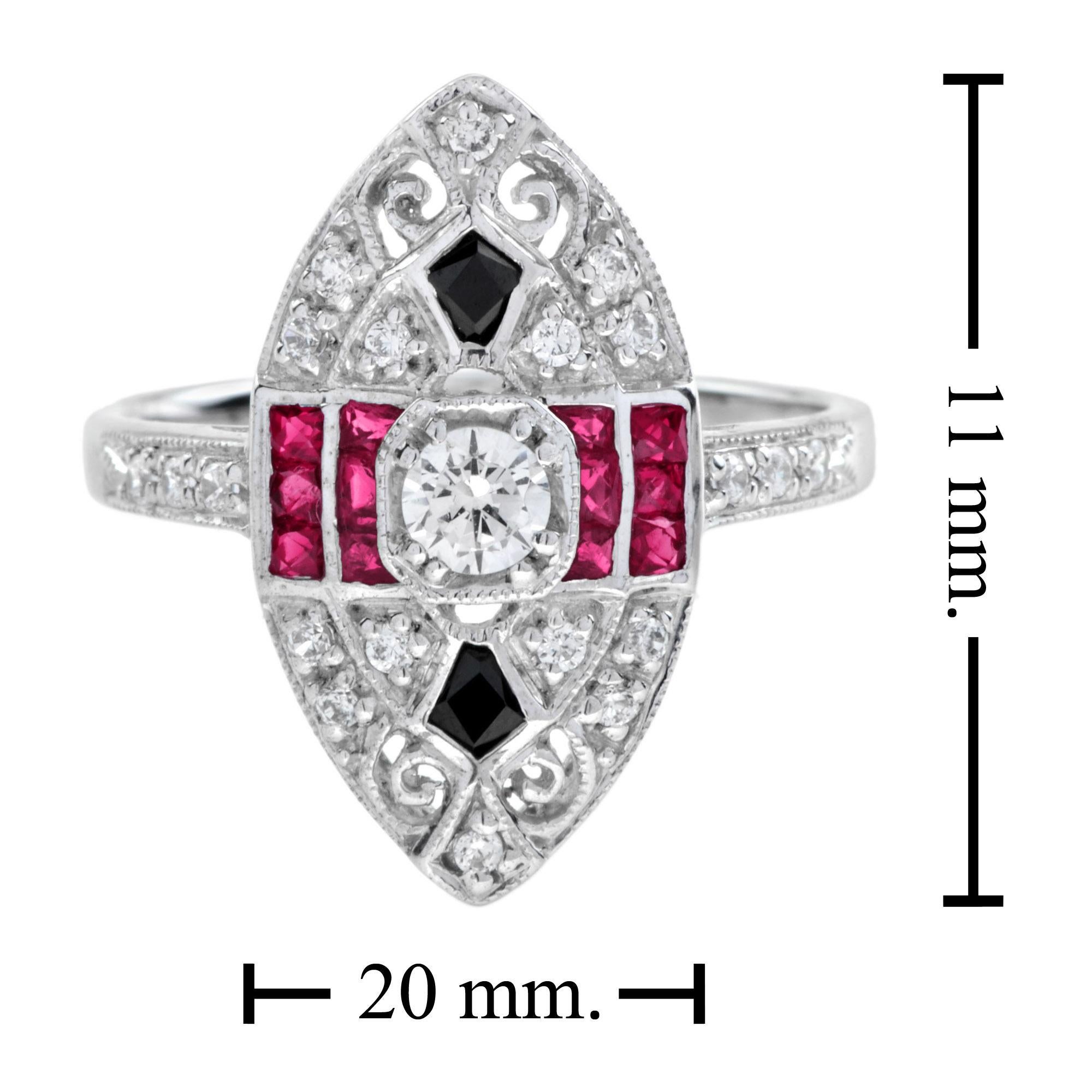 Bague en or blanc avec diamant, rubis et onyx noir de style Art déco et de forme marquise en vente 1
