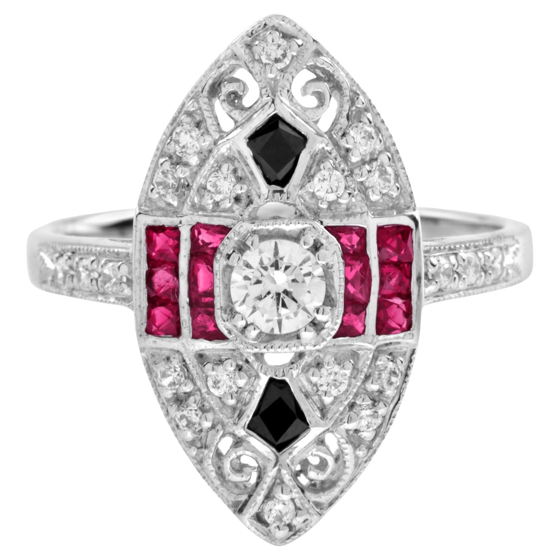 Bague en or blanc avec diamant, rubis et onyx noir de style Art déco et de forme marquise en vente