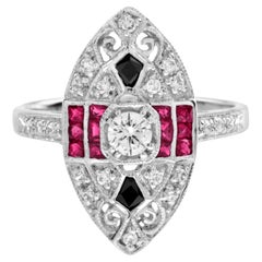 Diamond Ruby & Black Onyx Art Deco Style Marquise Shape White Gold Ring