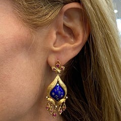 Diamond Ruby Blue Enamel 18 Karat Yellow Gold Dangle Vintage Estate Earrings