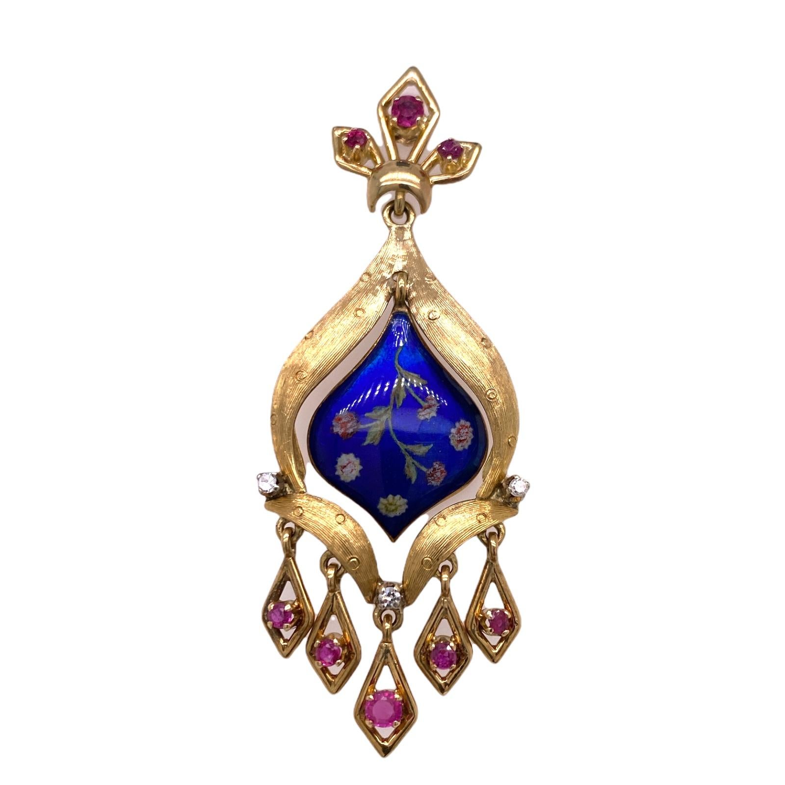 Single Cut Diamond Ruby Blue Enamel 18 Karat Yellow Gold Dangle Vintage Estate Earrings