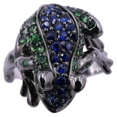 Diamond Ruby Blue Sapphire Tsavorite Pave Lucky Frog Animal Fun White Gold Ring