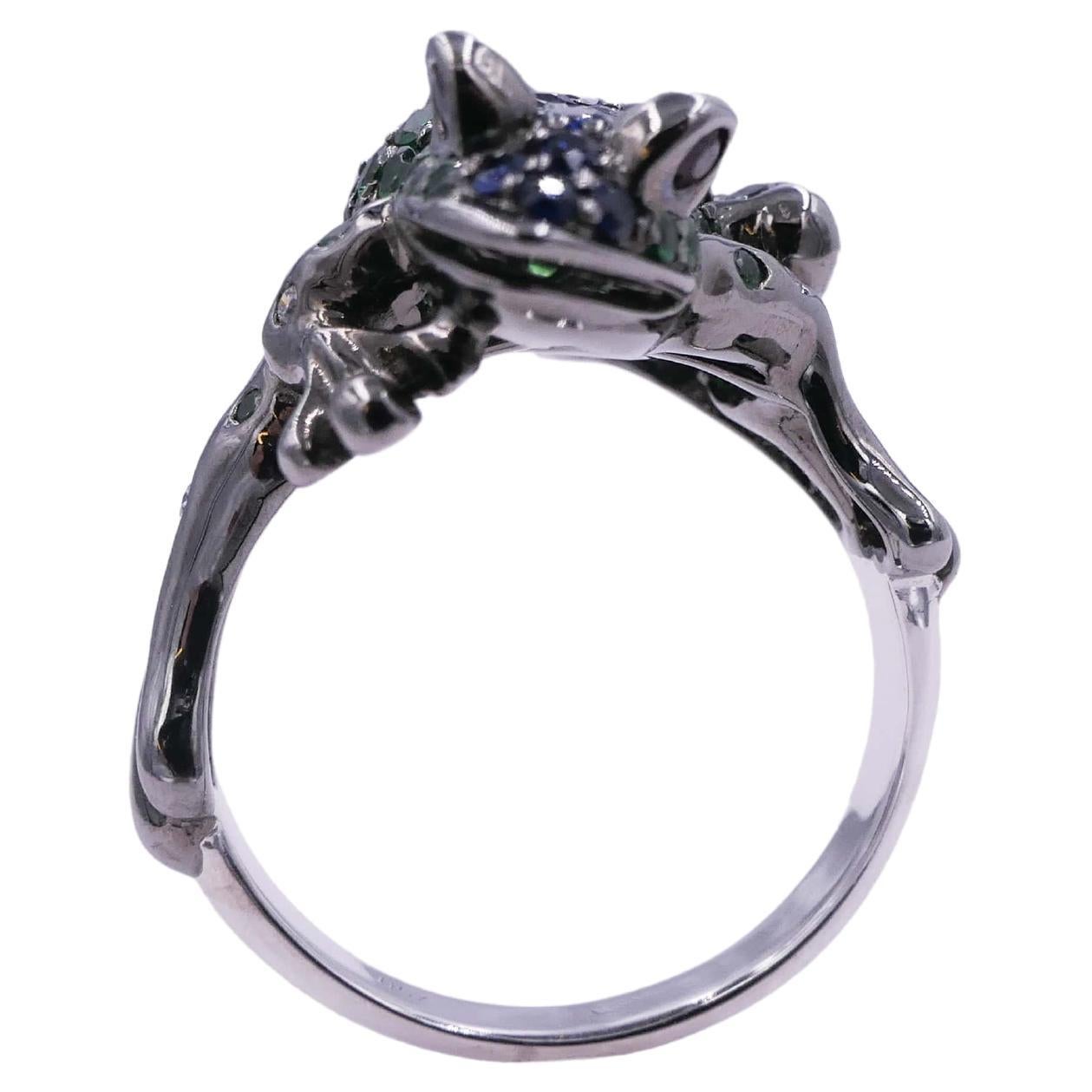 Glücklicher Frosch-Ring aus Weißgold mit Diamant, Rubin, blauem Saphir und Tsavorit, Pavé im Angebot 1