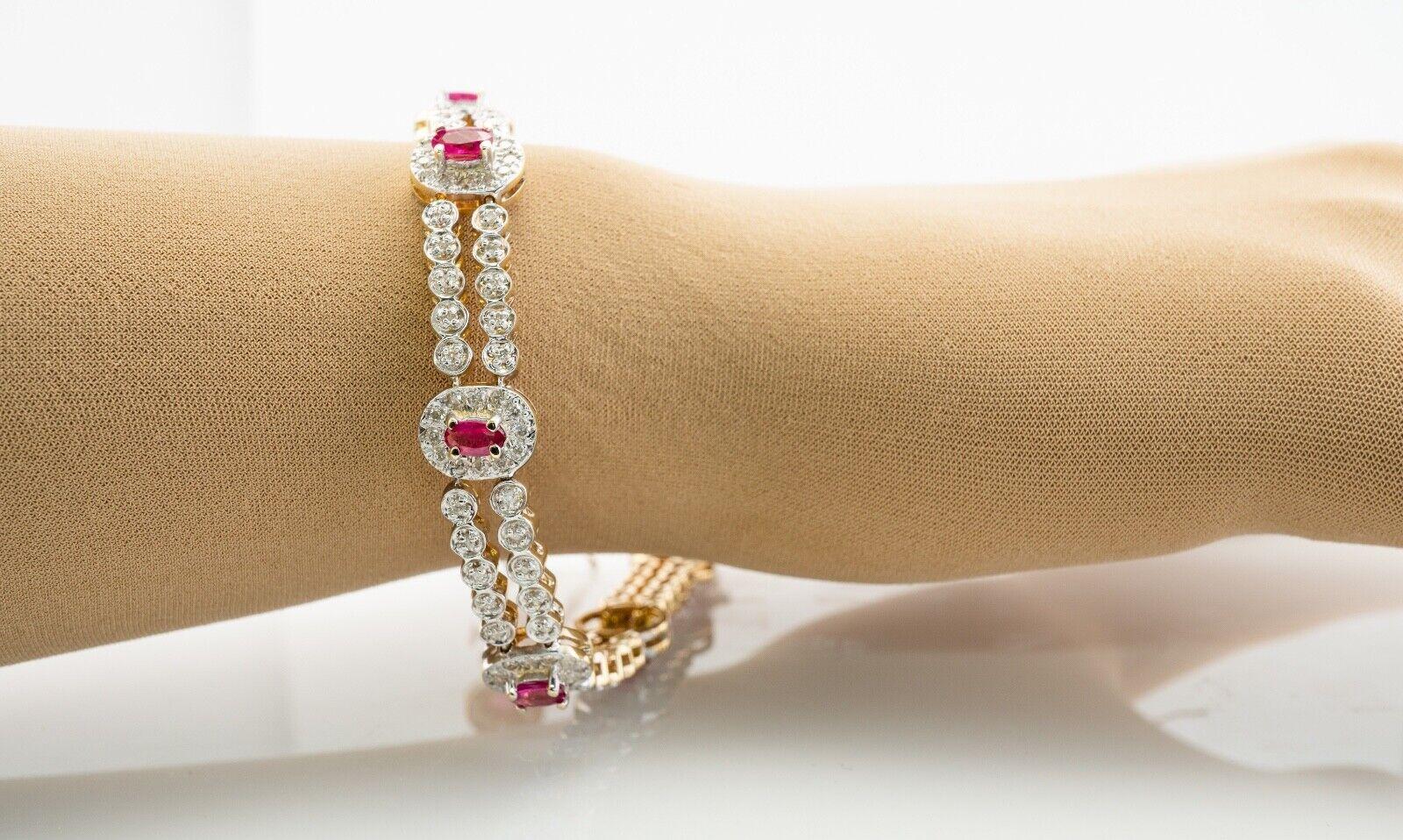 Oval Cut Diamond Ruby Bracelet 14K White and Yellow Gold Vintage For Sale