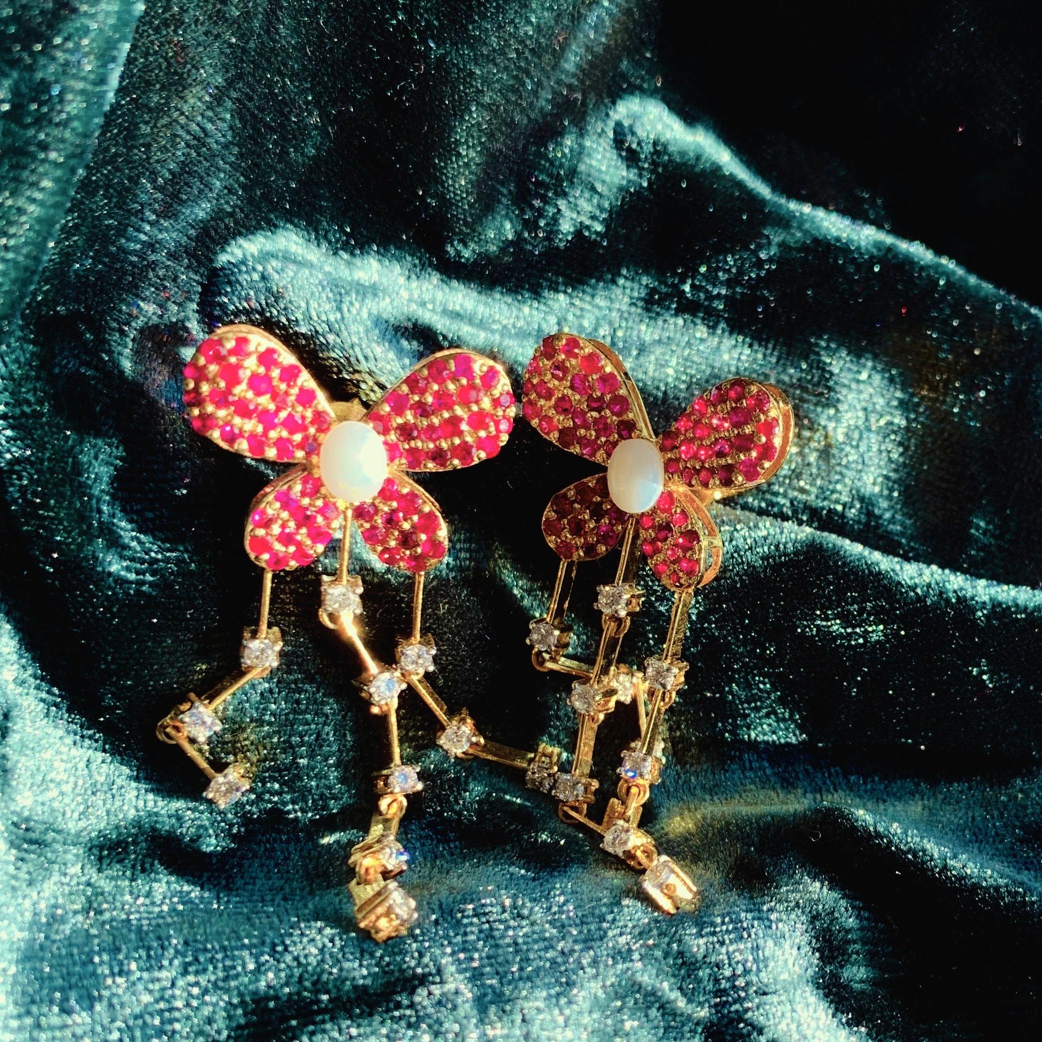 Modern Diamond and Ruby Butterfly Earrings in 14 Karat Yellow Gold For Sale