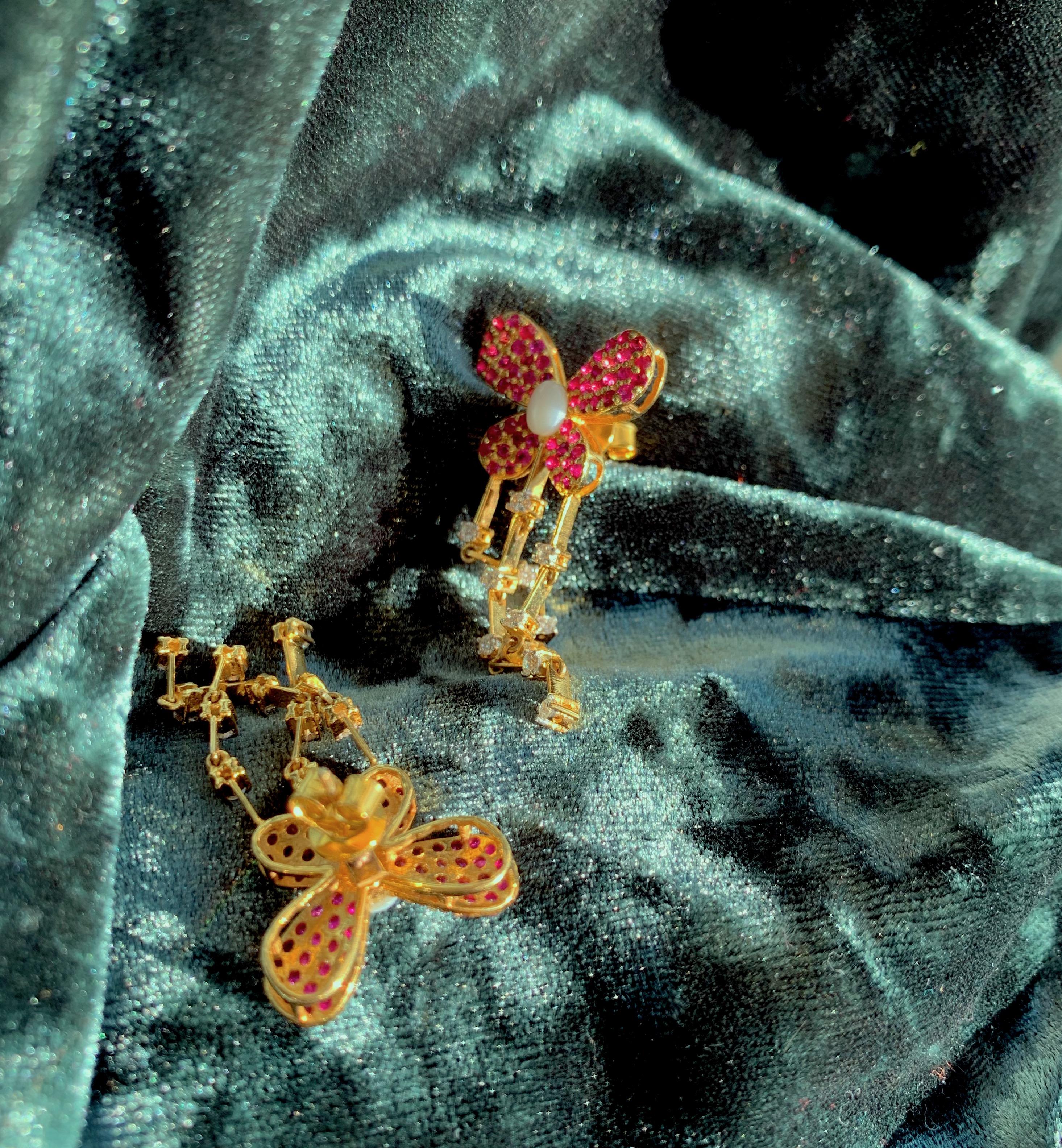 Round Cut Diamond and Ruby Butterfly Earrings in 14 Karat Yellow Gold For Sale