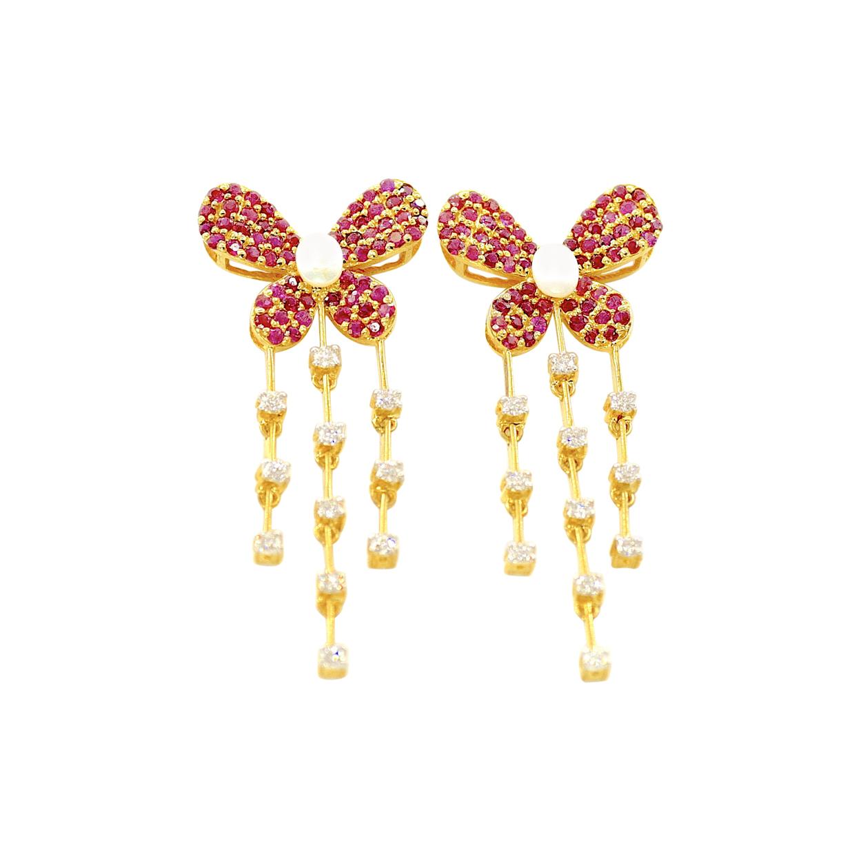 Diamond and Ruby Butterfly Earrings in 14 Karat Yellow Gold For Sale