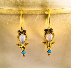 Diamond Ruby Chalcedony Enamel Turquoise Yellow Gold Lever-Back "Owl" Earrings