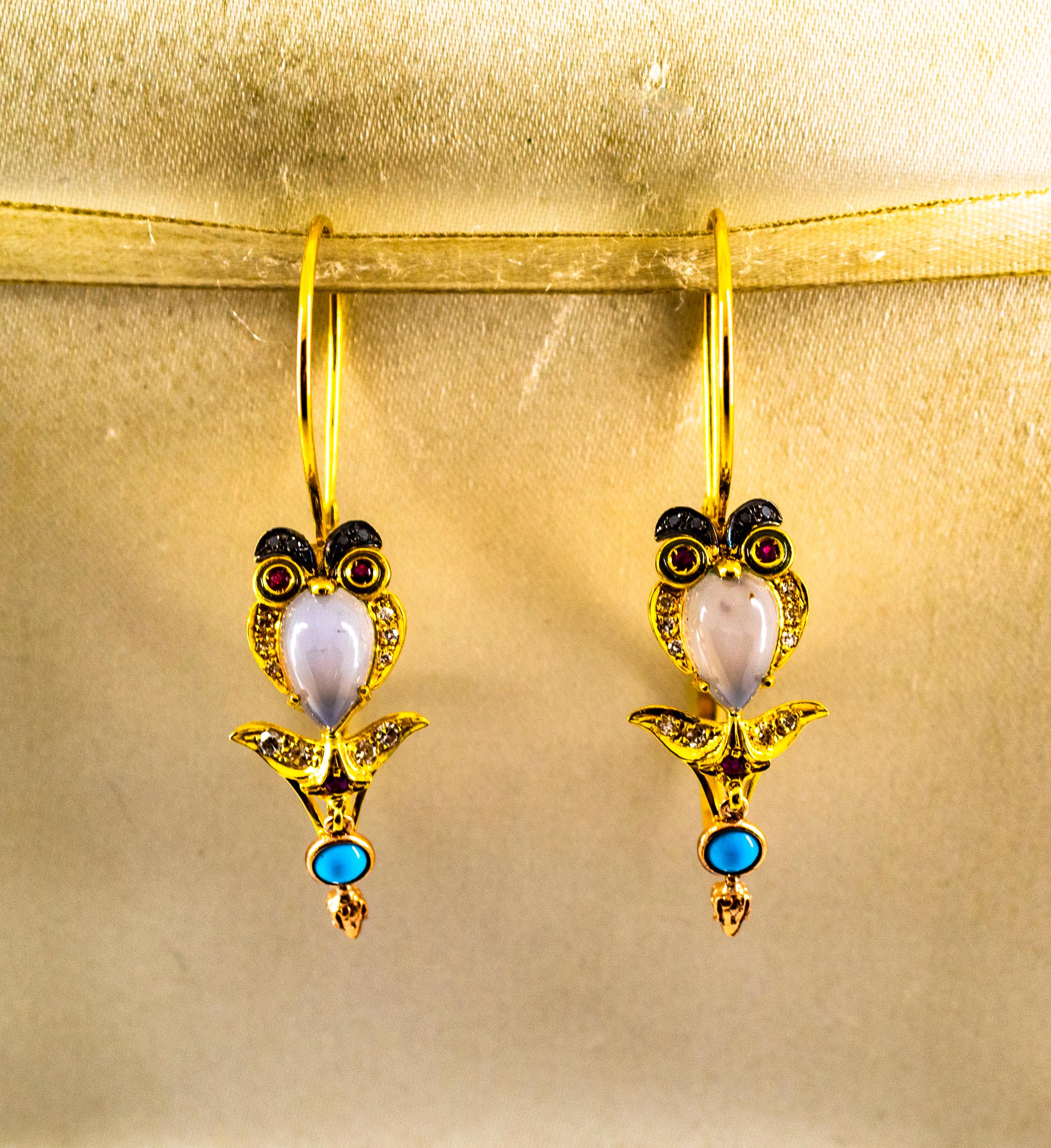 Art Nouveau Diamond Ruby Chalcedony Enamel Turquoise Yellow Gold Lever-Back 