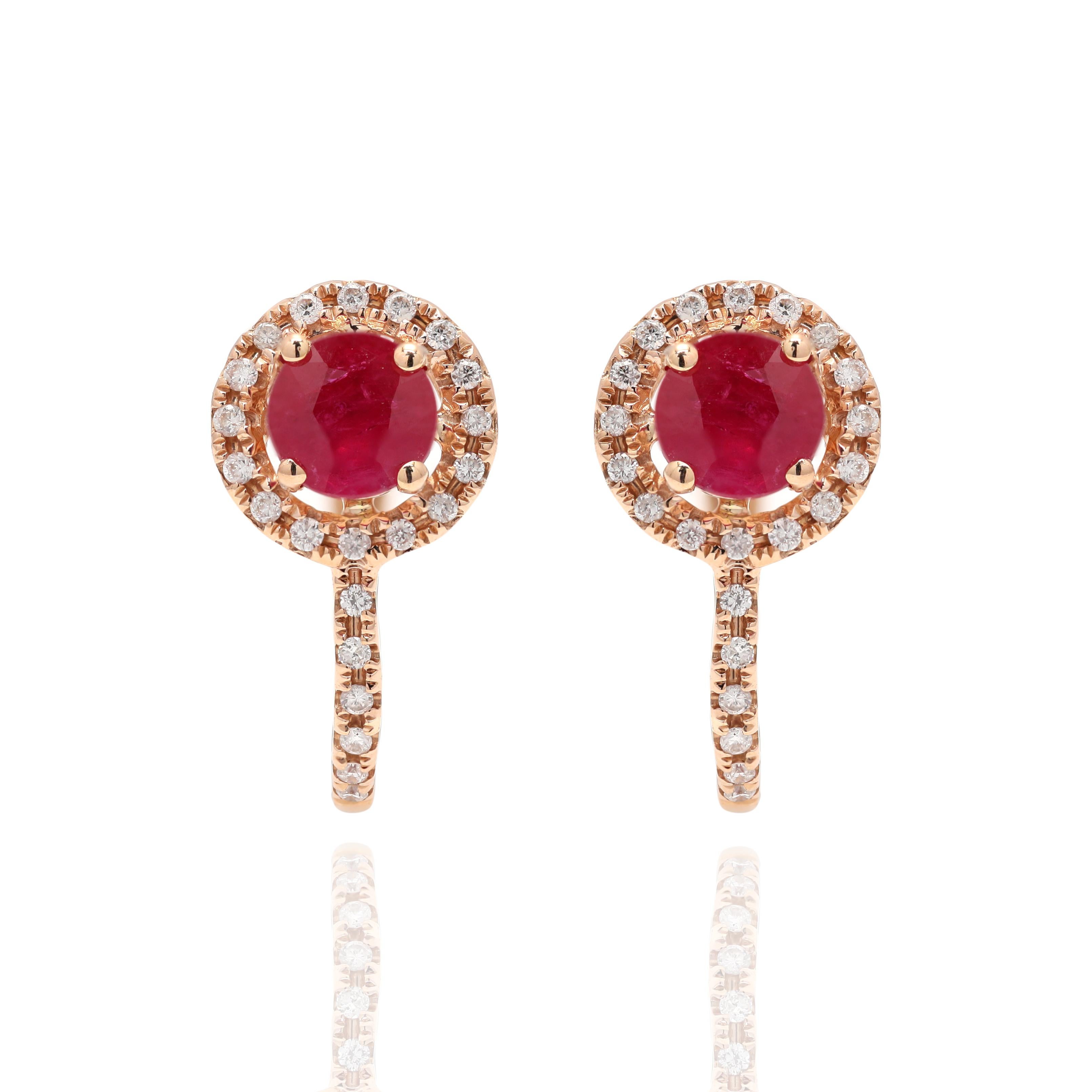 Round Cut Ruby and Diamond Anniversary Earrings Gift in 14K Gold. Embrace your look with these stunning pair of earrings suitable for any occasion to complete your outfit.
Earrings create a subtle beauty while showcasing the colors of the natural