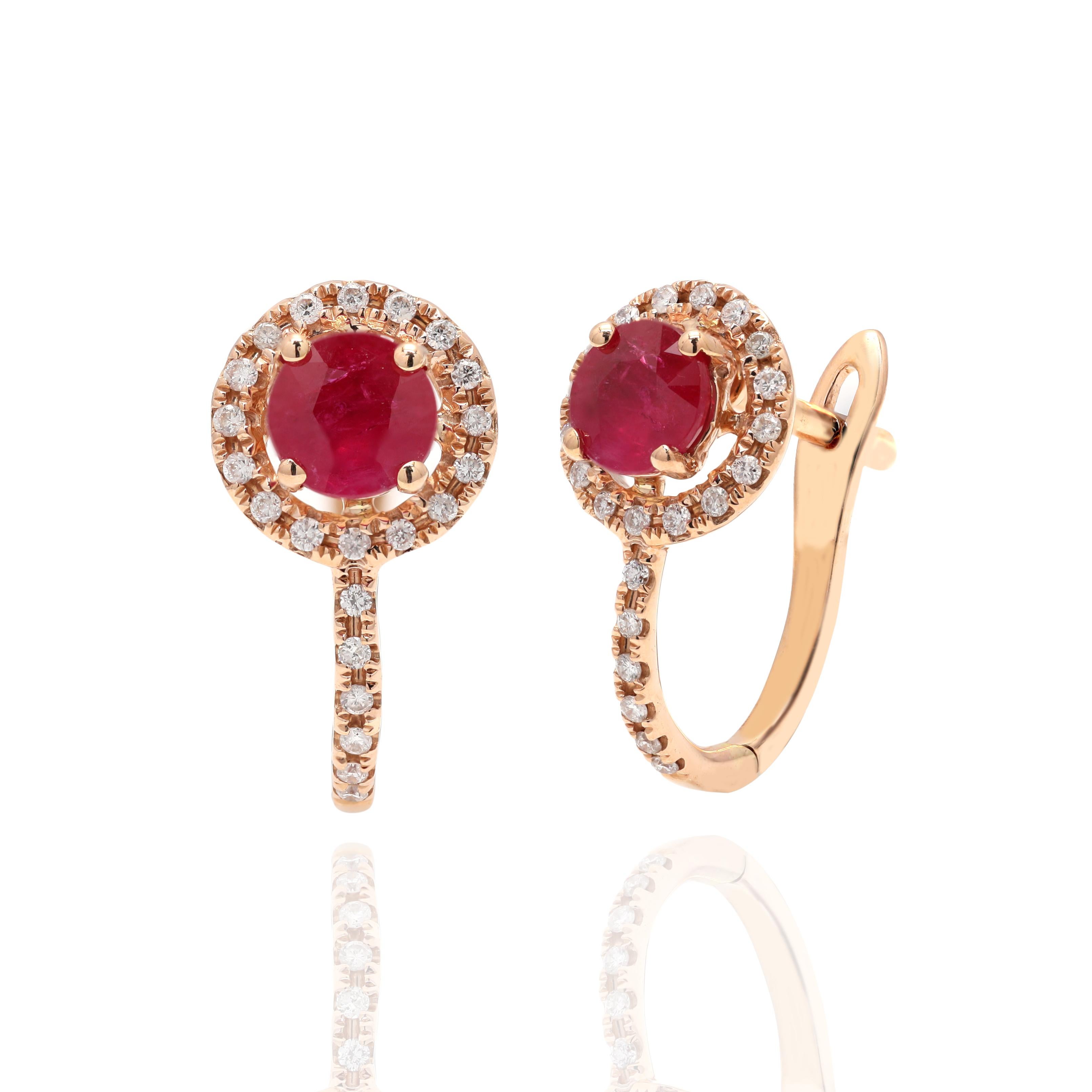 Modern Diamond Ruby Clip-On Anniversary Stud Earrings Gift Handcrafted in 14k Rose Gold For Sale