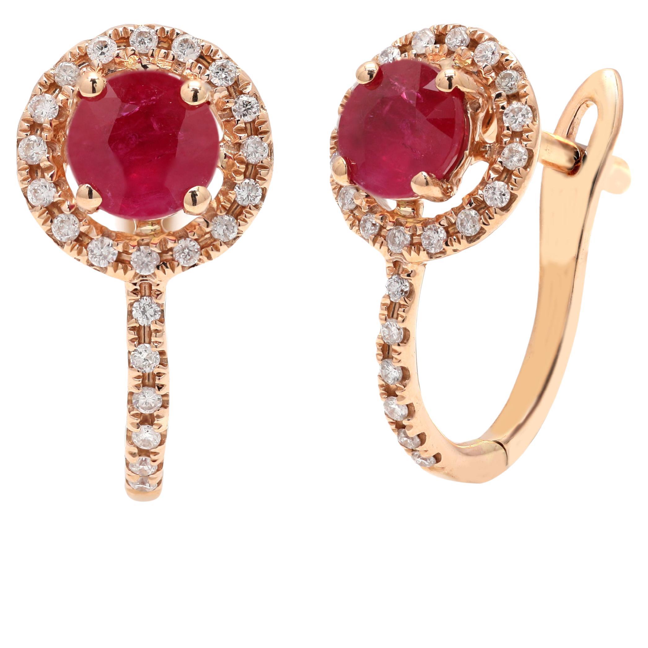 Diamond Ruby Clip-On Anniversary Stud Earrings Gift Handcrafted in 14k Rose Gold For Sale