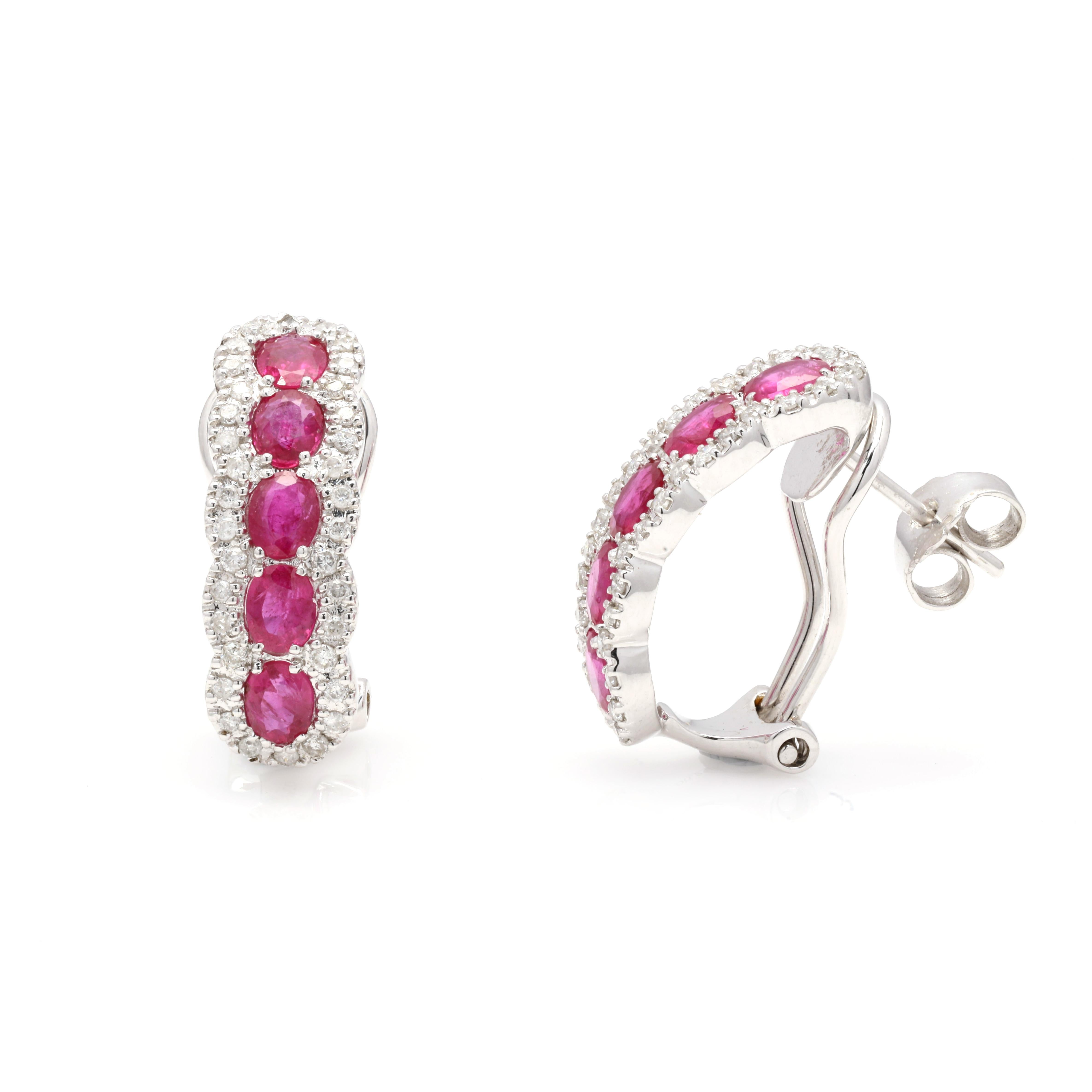 Art Deco Diamond Ruby Clip on Wedding Earrings for Women in 14k Solid White Gold For Sale