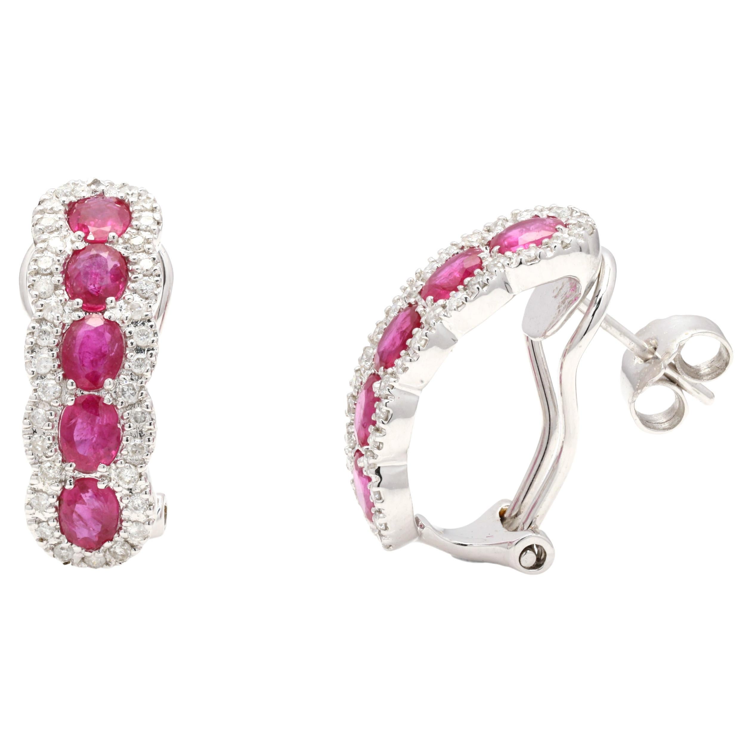 Diamond Ruby Clip on Wedding Earrings for Women in 14k Solid White Gold