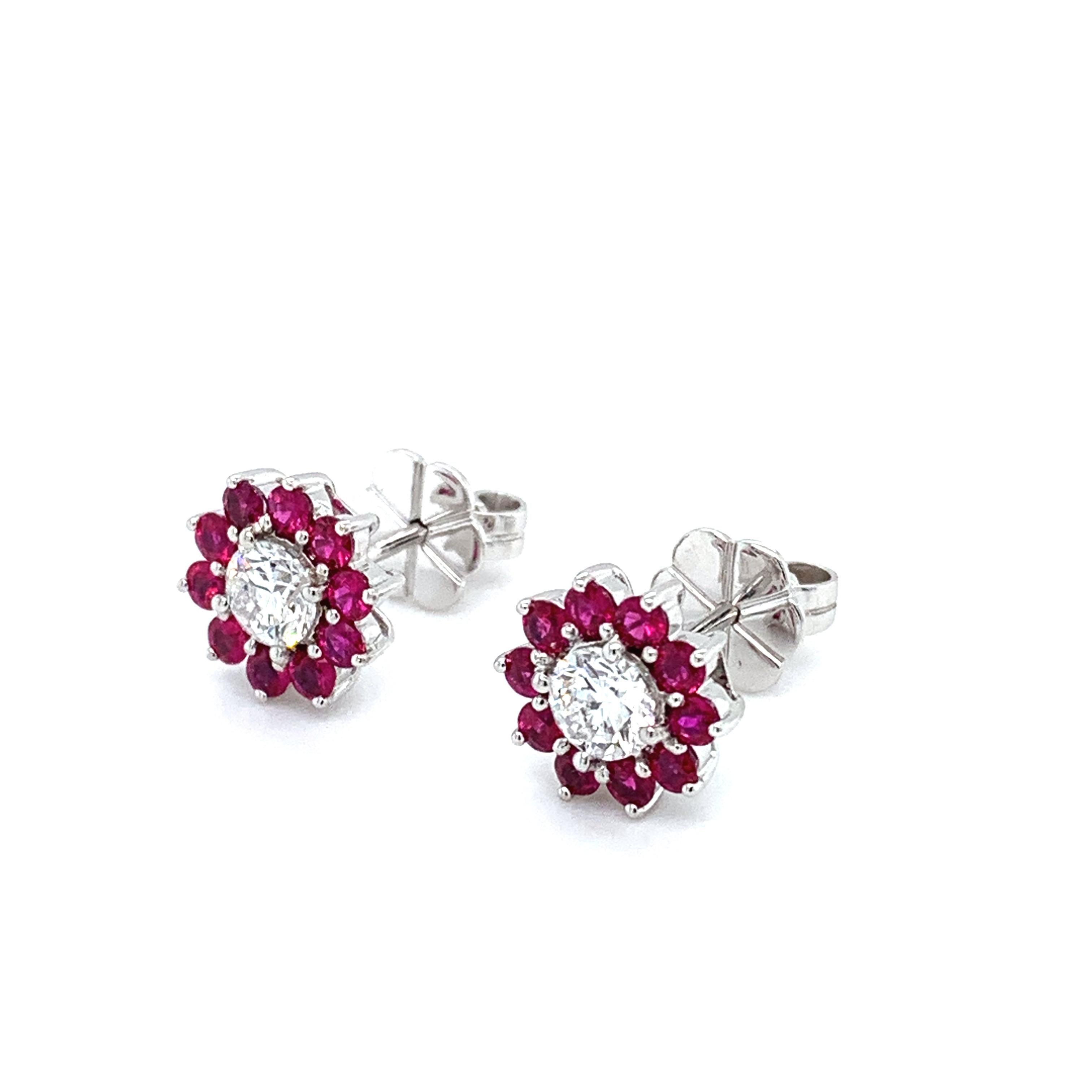 1.40ct Diamond ruby cluster art deco 18k white gold studs earrings.
Composed of round brilliant diamond with ruby cluster in 18k white gold
Diamond round brilliant cut total weight 0.50ct G colour, VS1 clarity
Ruby natural gemstone round cut total