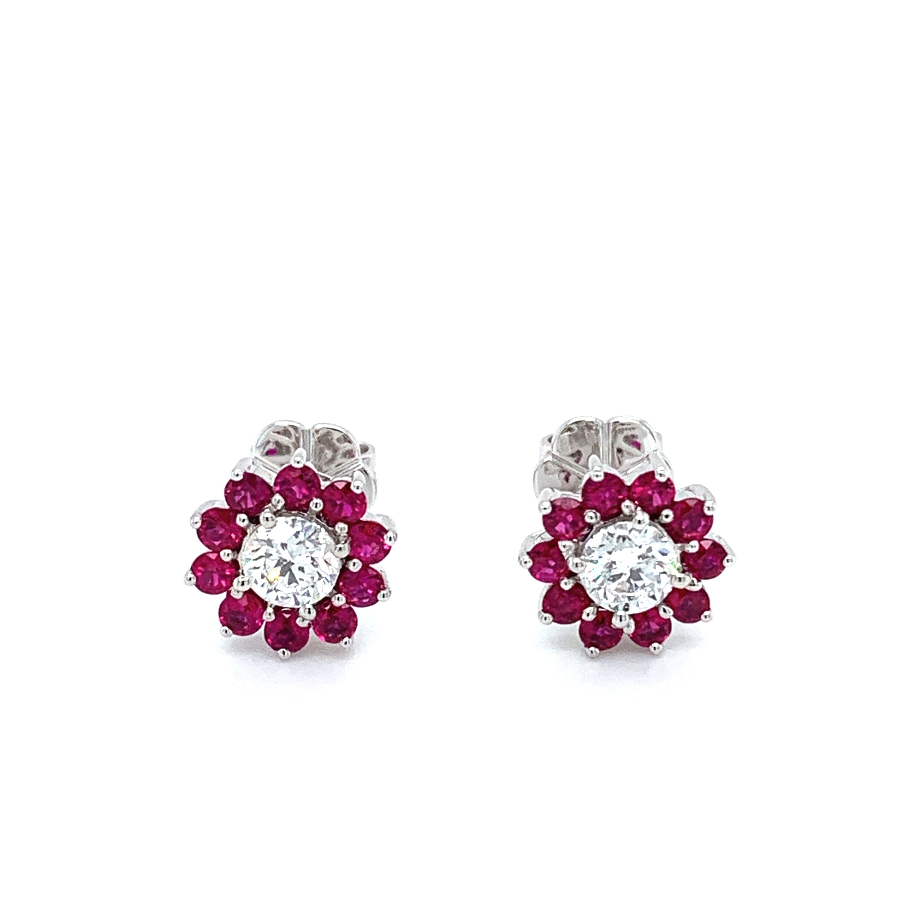 Round Cut Diamond ruby cluster art deco 18k white gold studs earrings For Sale