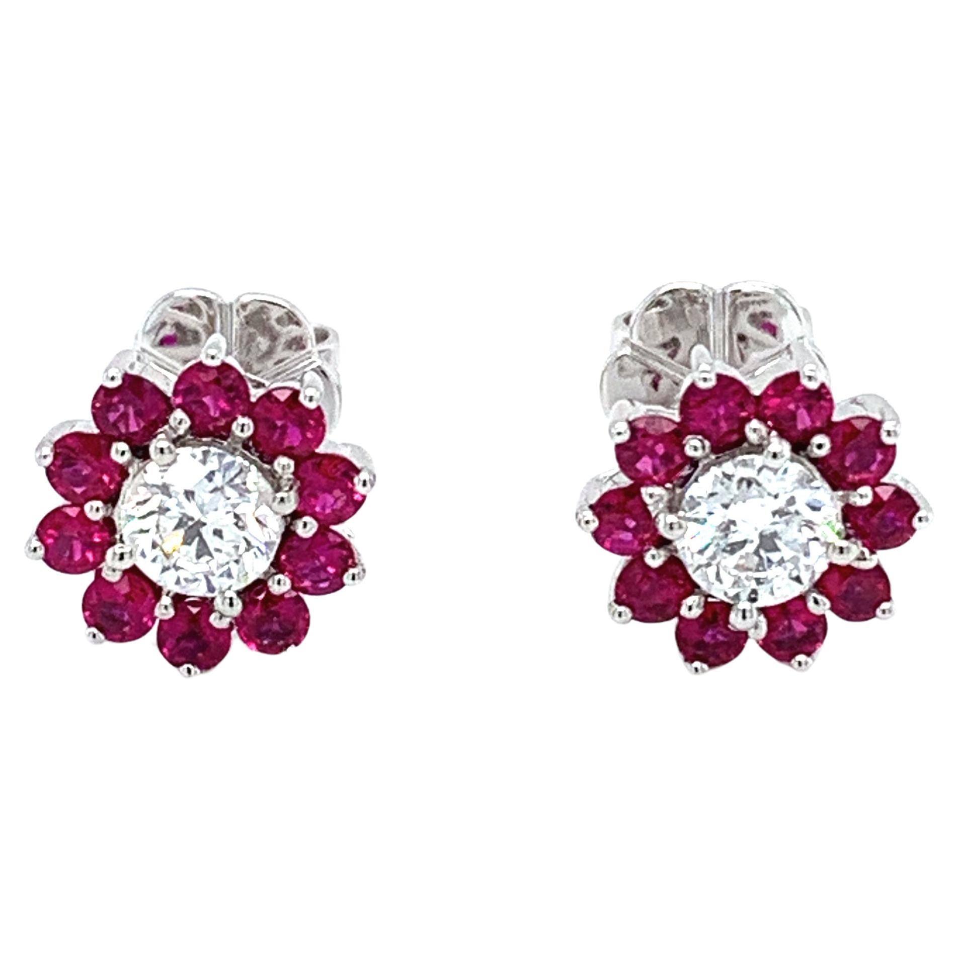 Diamond ruby cluster art deco 18k white gold studs earrings For Sale