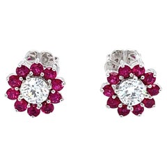 Diamond ruby cluster art deco 18k white gold studs earrings