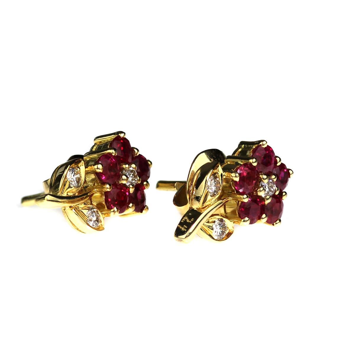 Modern Diamond & Ruby Cluster Earrings with Pin & Push on Butterfly in 18K Yellow Gold For Sale