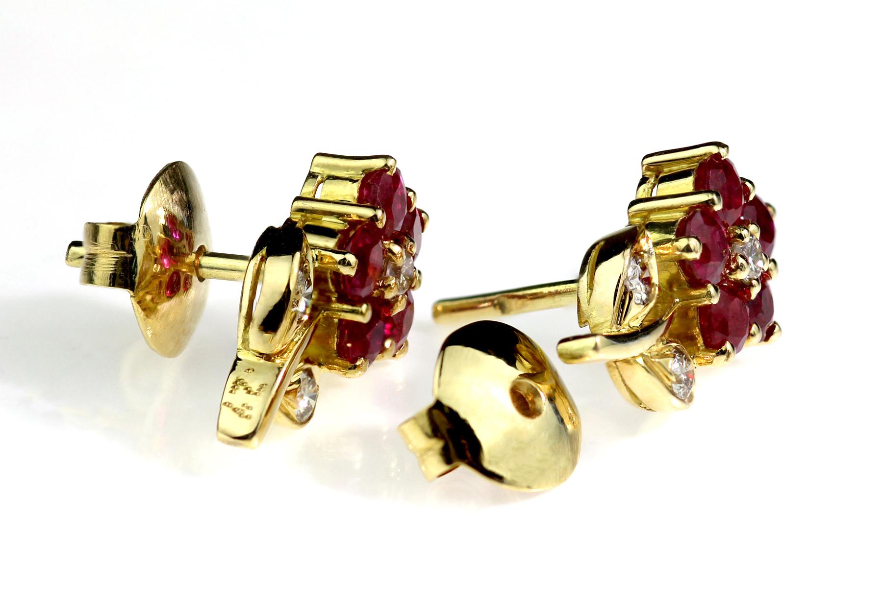 Round Cut Diamond & Ruby Cluster Earrings with Pin & Push on Butterfly in 18K Yellow Gold For Sale