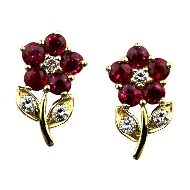 Diamond & Ruby Cluster Earrings with Pin & Push on Butterfly in 18K Yellow Gold For Sale