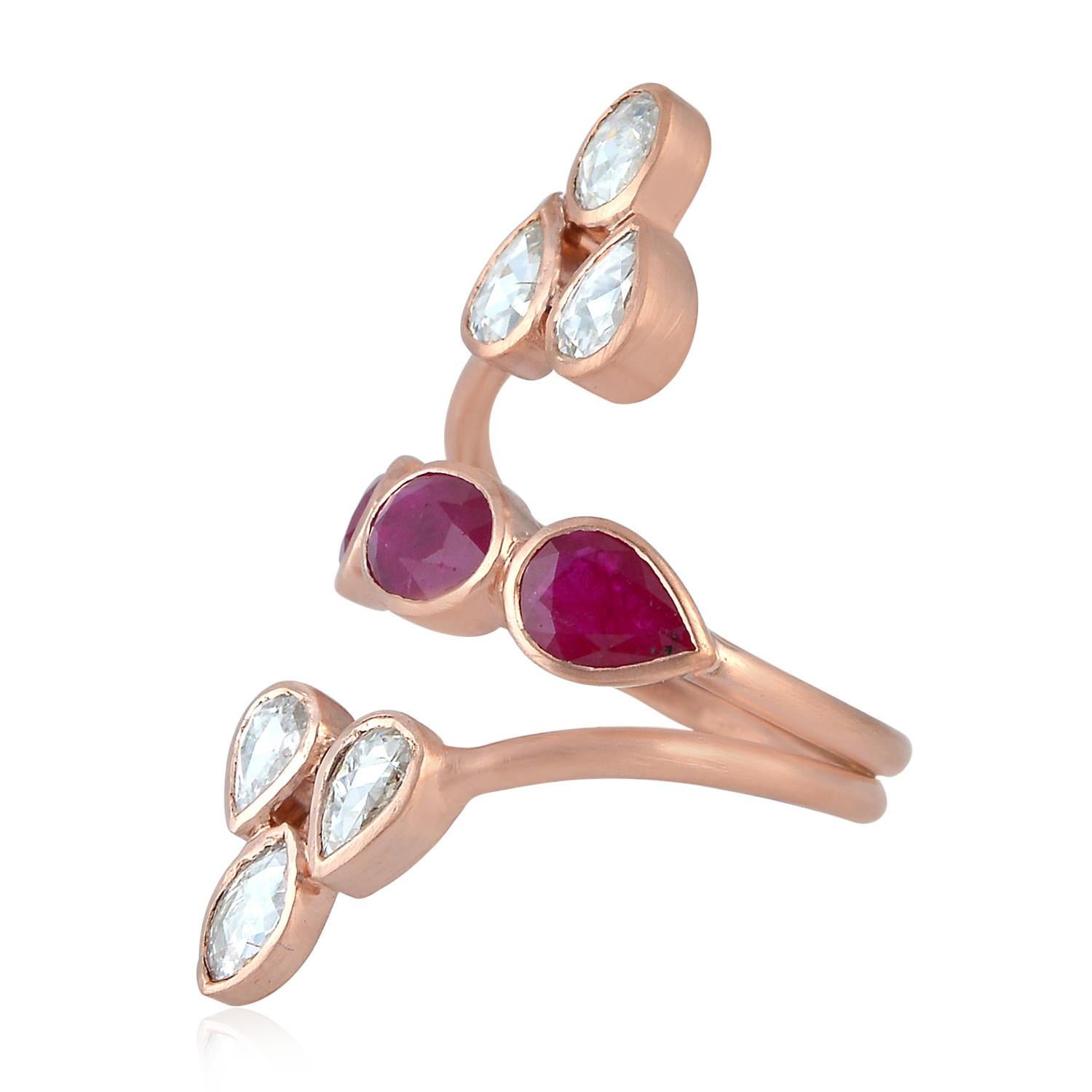 Artisan Diamond & Ruby Cocktail Ring Made In 18k Rose Gold For Sale