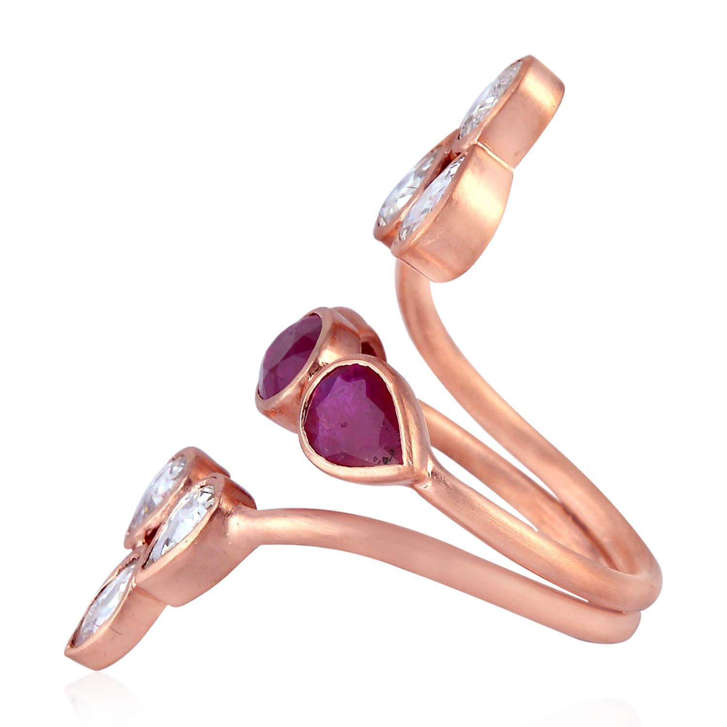 Mixed Cut Diamond & Ruby Cocktail Ring Made In 18k Rose Gold For Sale
