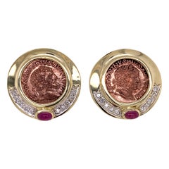Vintage Diamond Ruby Coin 14 Karat Yellow Gold Earrings Lever Backs