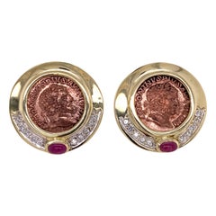 Diamond Ruby Coin 14 Karat Yellow Gold Earrings Lever Backs