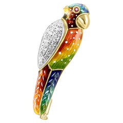 Diamond, Ruby, & Colorful Enamel 18 Karat Yellow Gold Parrot Brooch/Pendant