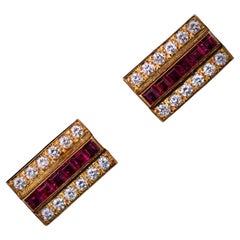 Diamond Ruby Cufflinks 18K Yellow Gold Vintage 1980s 1982 London English Asprey