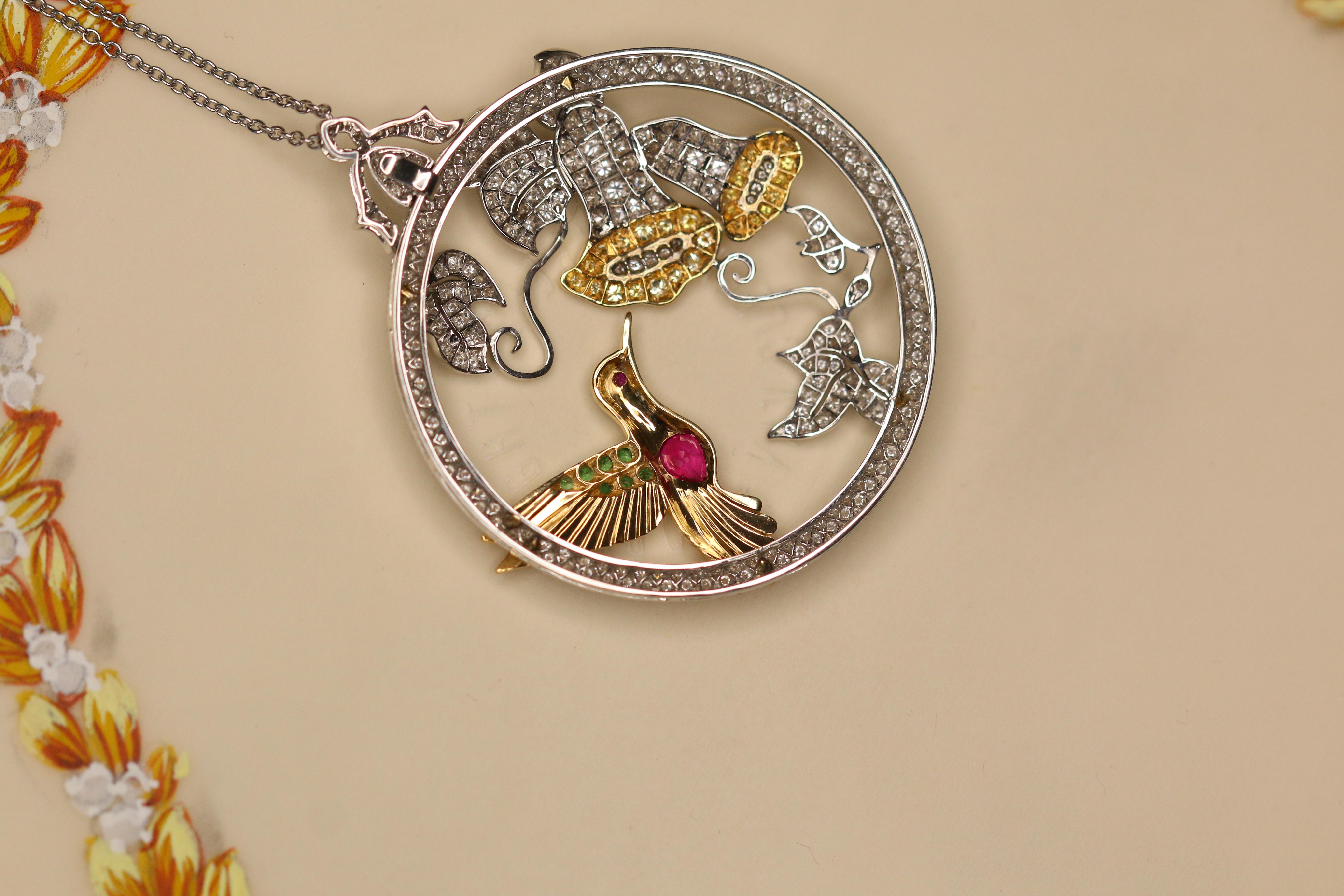 Diamond, Ruby, Demantoid Garnet and Gold Hummingbird Pendant Necklace In New Condition In Banbury, GB