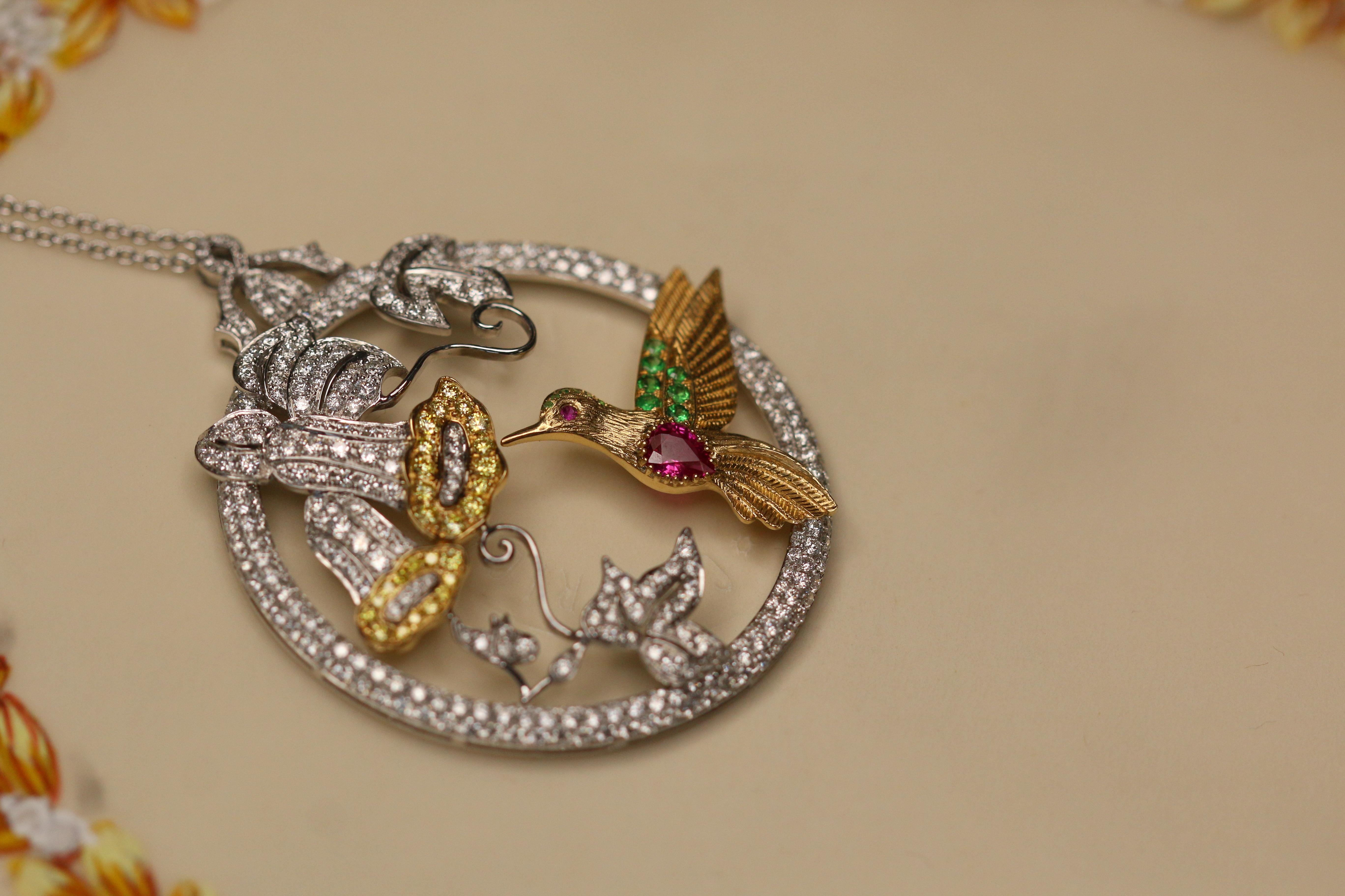 Women's Diamond, Ruby, Demantoid Garnet and Gold Hummingbird Pendant Necklace