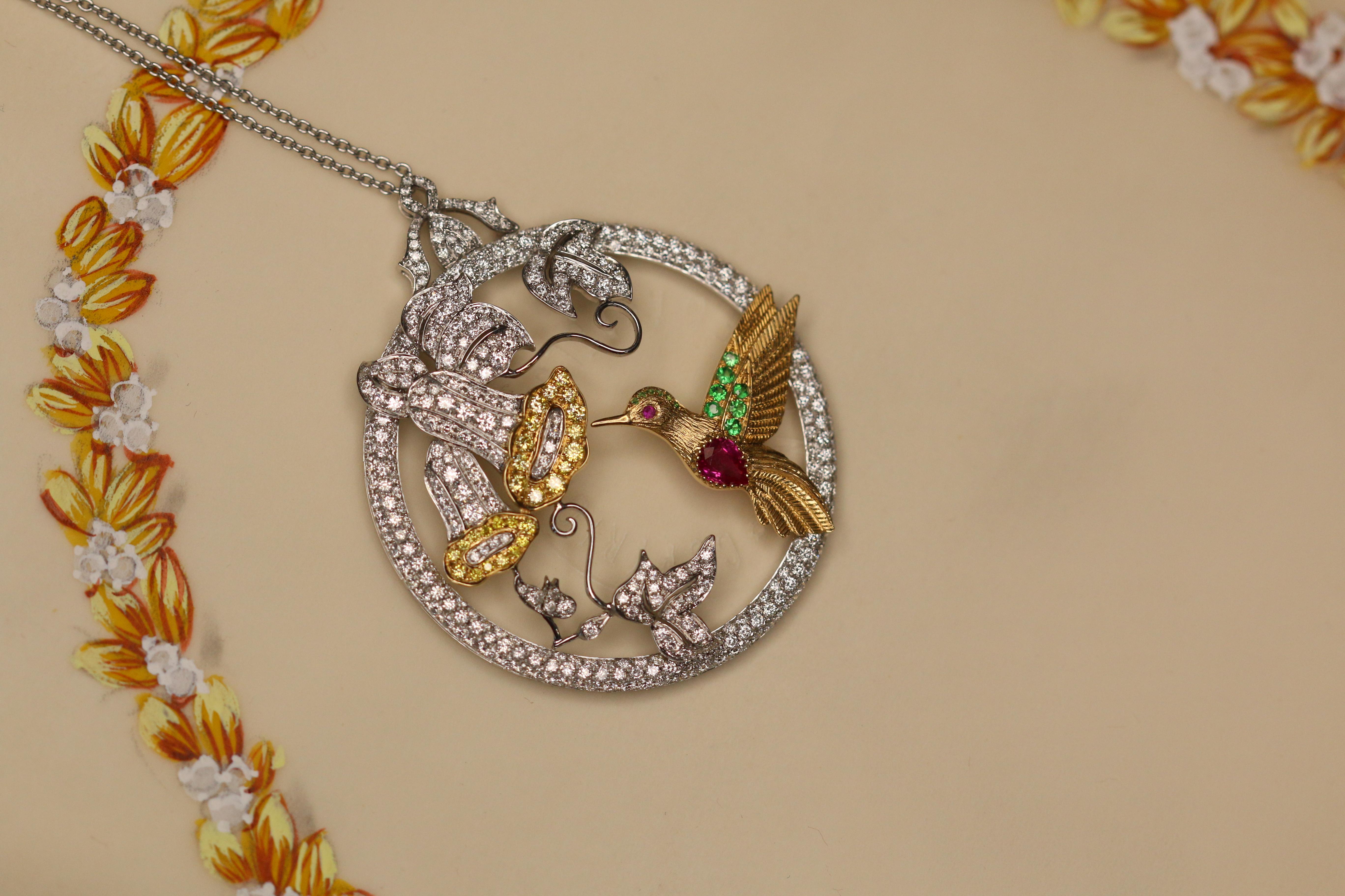 Diamond, Ruby, Demantoid Garnet and Gold Hummingbird Pendant Necklace 1