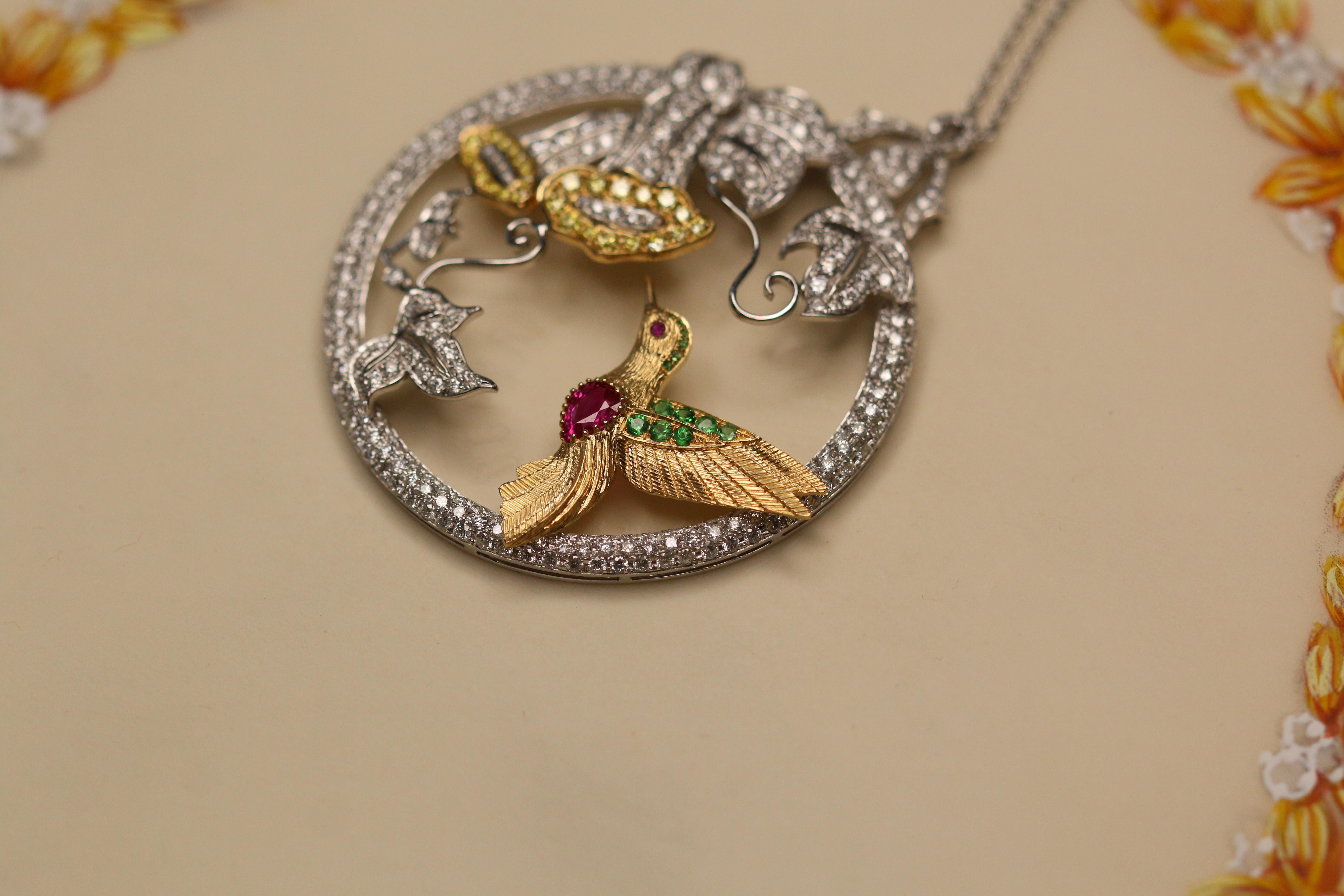 Diamond, Ruby, Demantoid Garnet and Gold Hummingbird Pendant Necklace 2