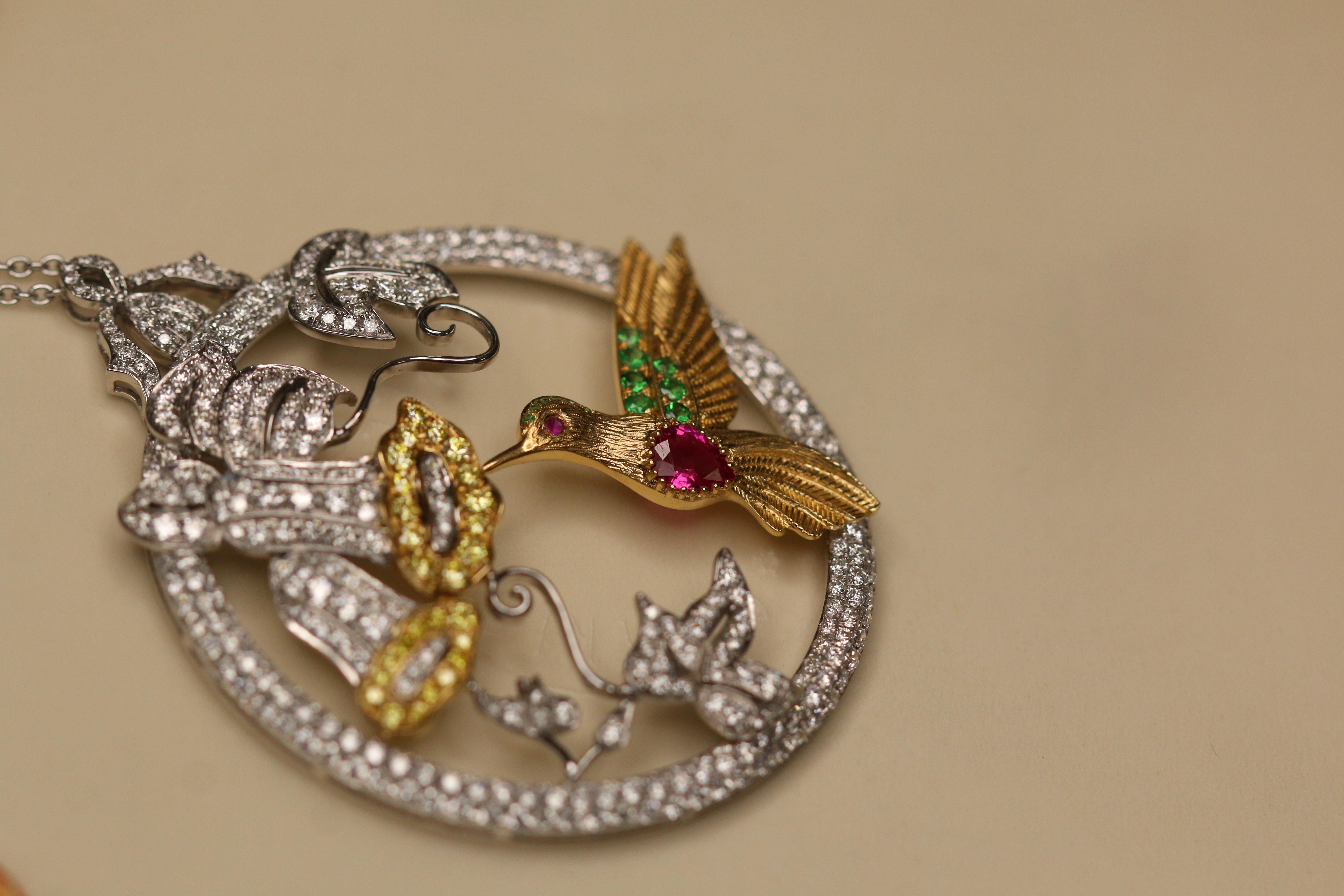 Diamond, Ruby, Demantoid Garnet and Gold Hummingbird Pendant Necklace 3
