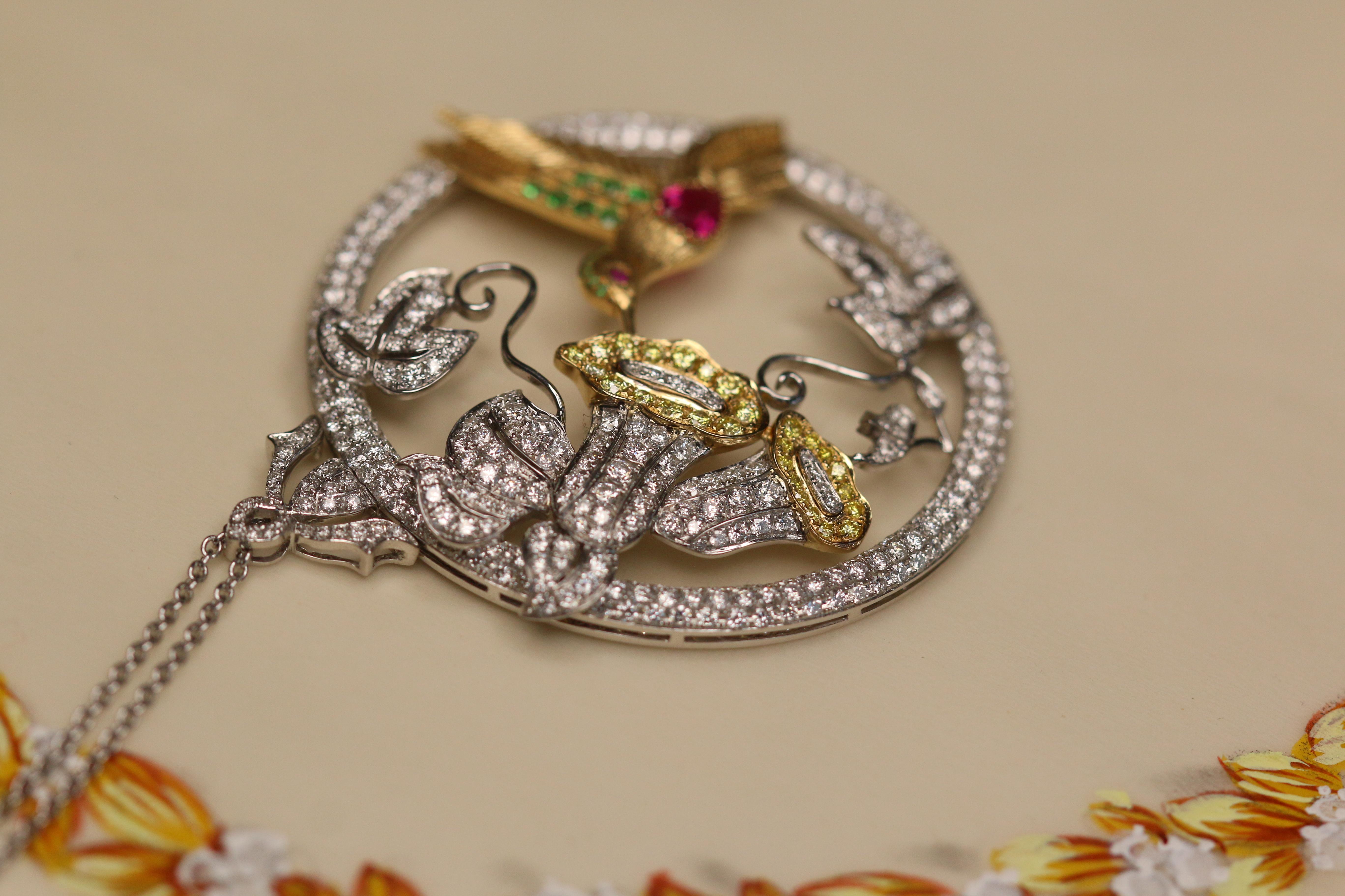 Diamond, Ruby, Demantoid Garnet and Gold Hummingbird Pendant Necklace 4